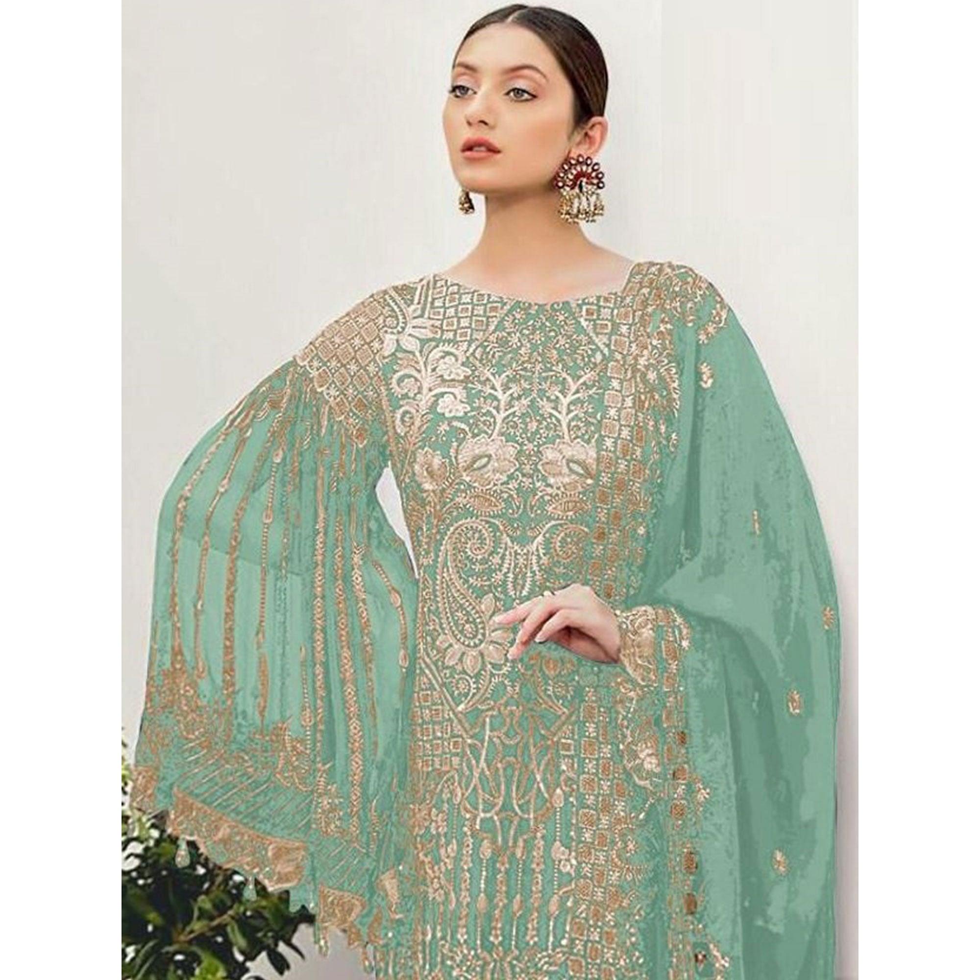 Light Green Partywear Embroidered Georgette Pakistani Suit - Peachmode
