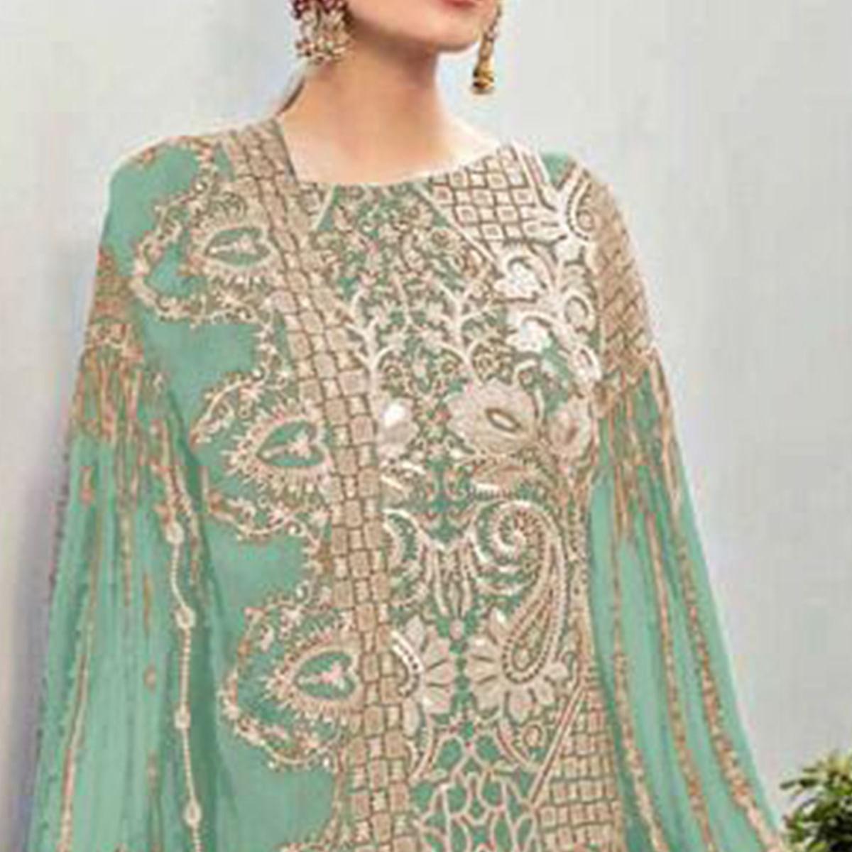 Light Green Partywear Embroidered Georgette Pakistani Suit - Peachmode