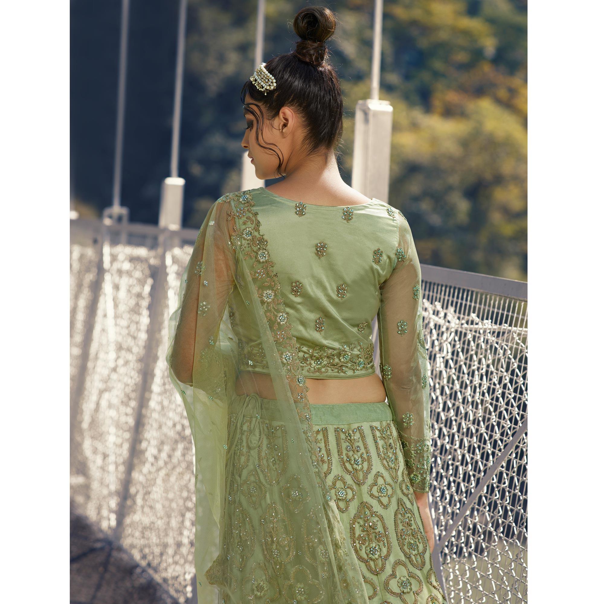 Light Green Partywear Floral Heavy Embroidered Net Lehenga Choli - Peachmode