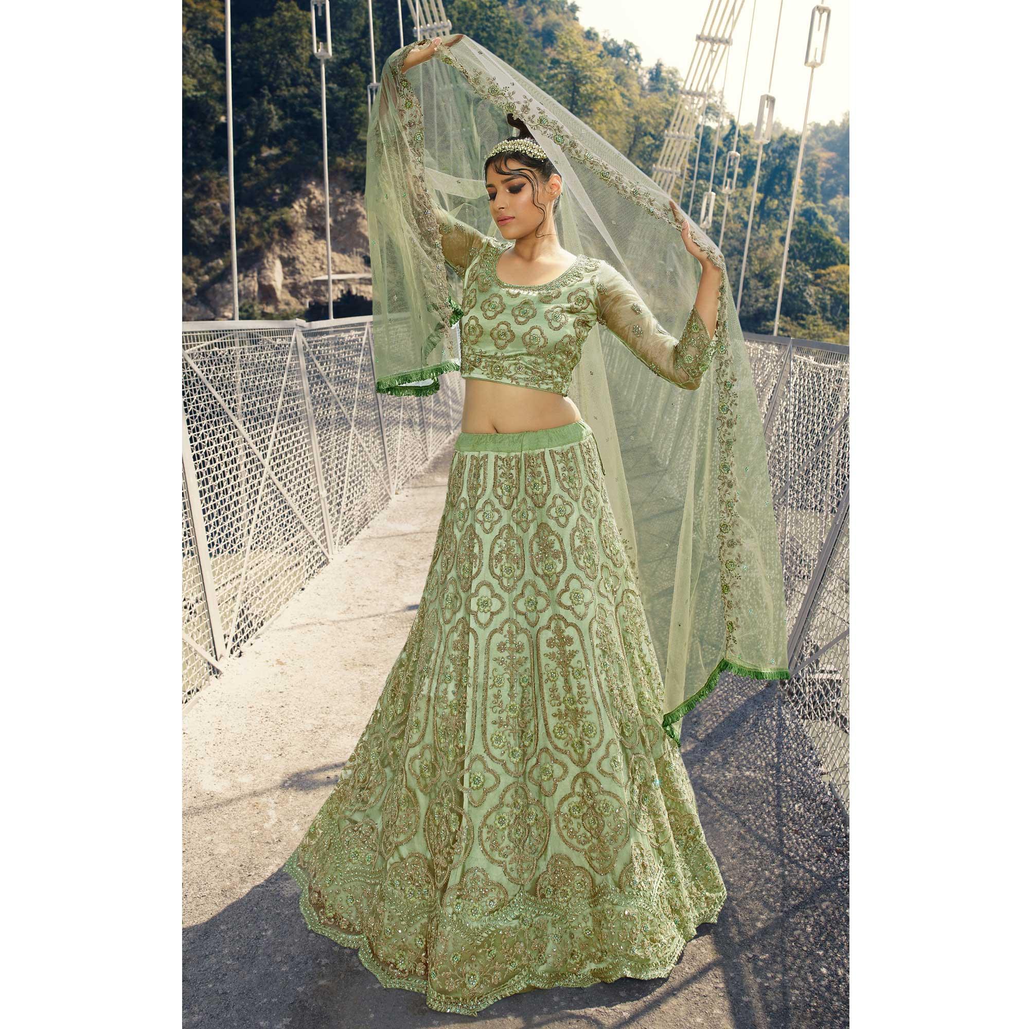 Light Green Partywear Floral Heavy Embroidered Net Lehenga Choli - Peachmode