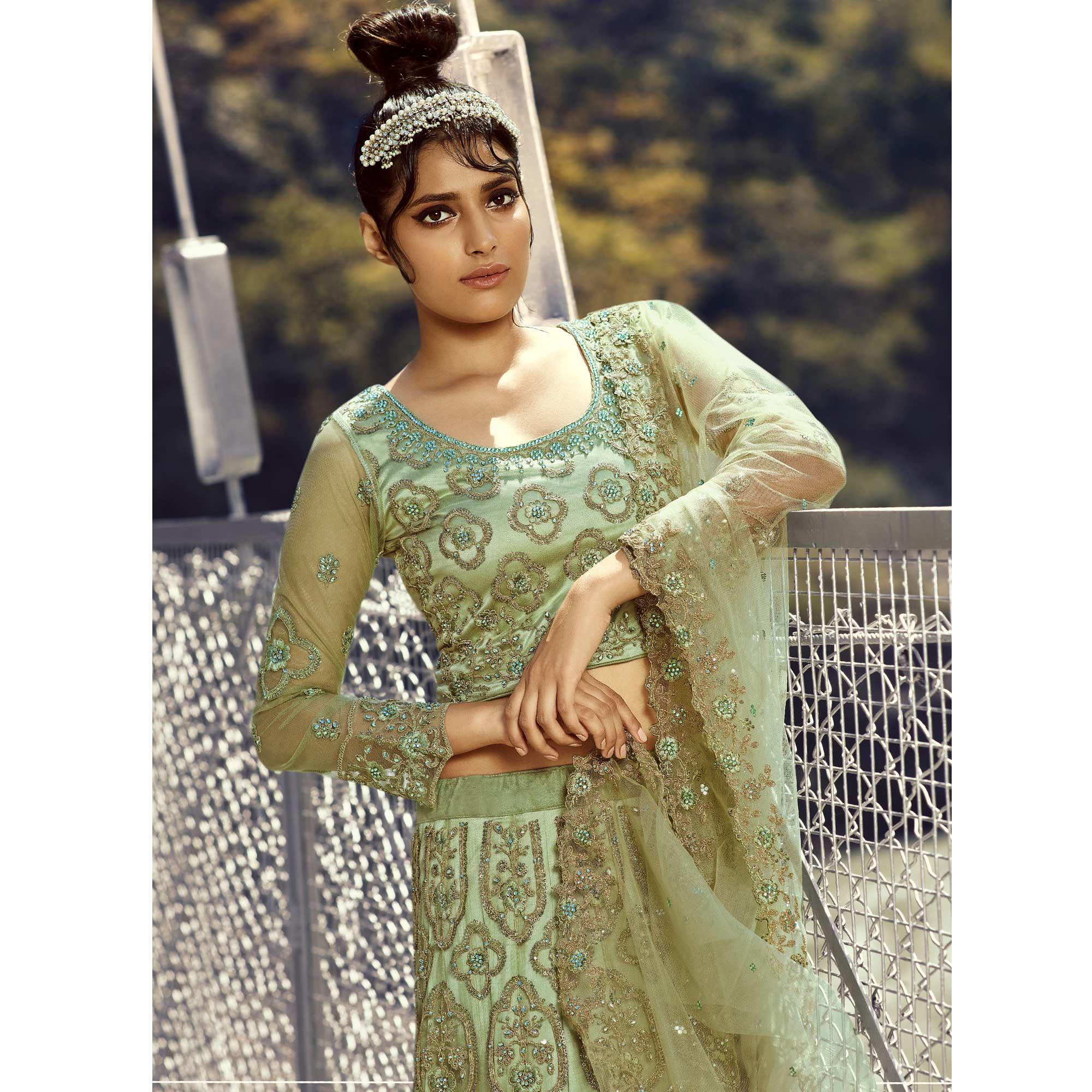 Light Green Partywear Floral Heavy Embroidered Net Lehenga Choli - Peachmode