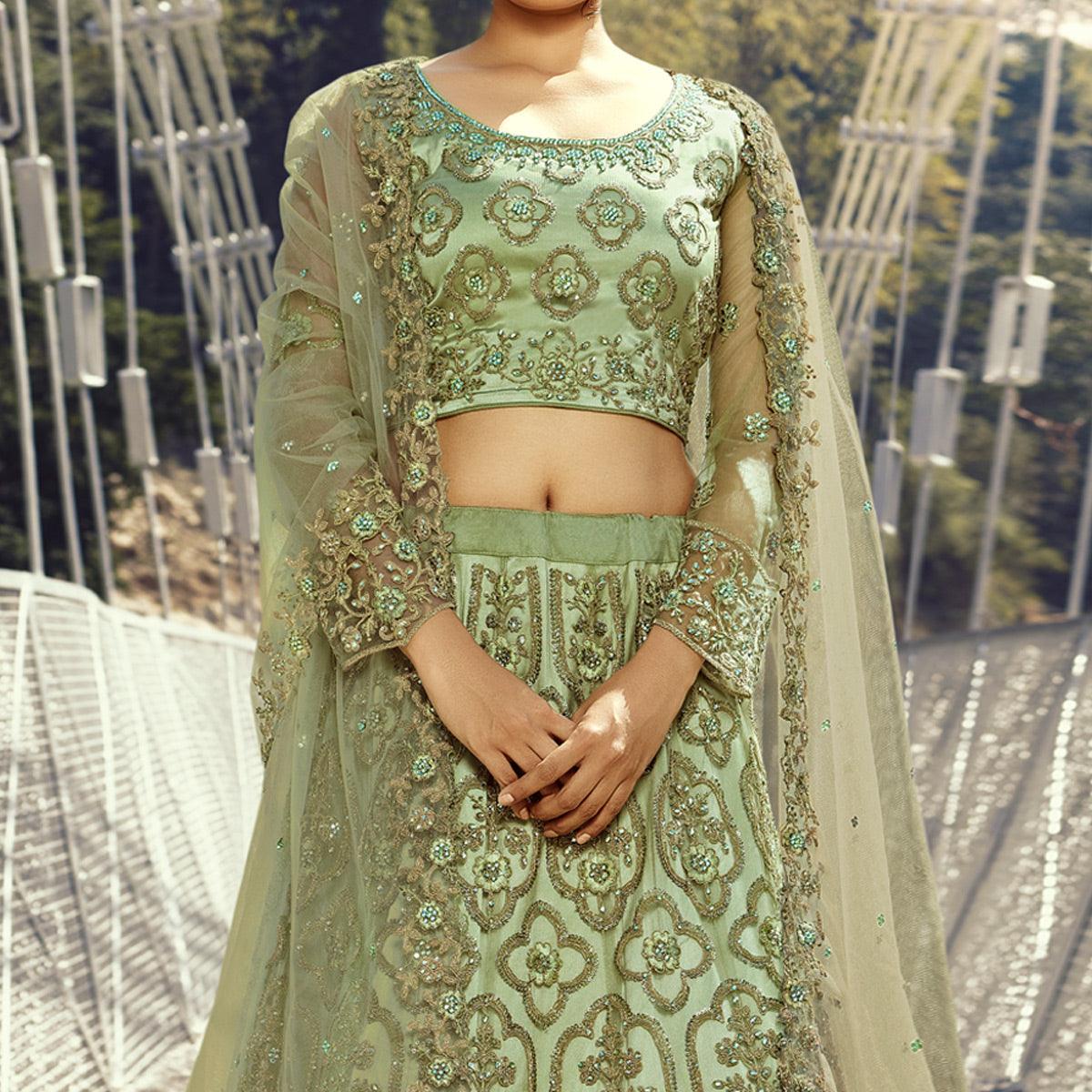 Light Green Partywear Floral Heavy Embroidered Net Lehenga Choli - Peachmode