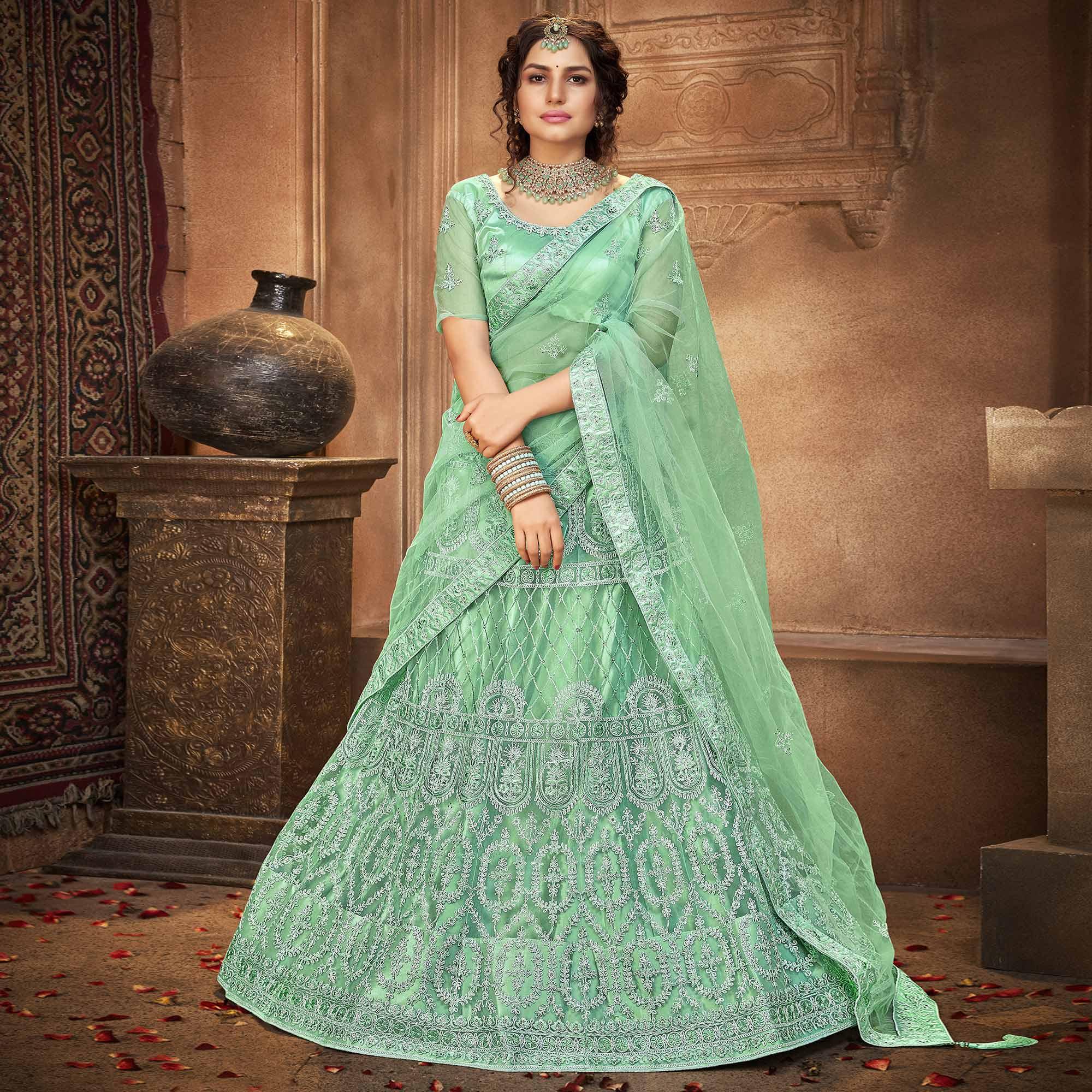 Light Green Partywear Multi Sequence Embroidered Net Lehenga Choli - Peachmode