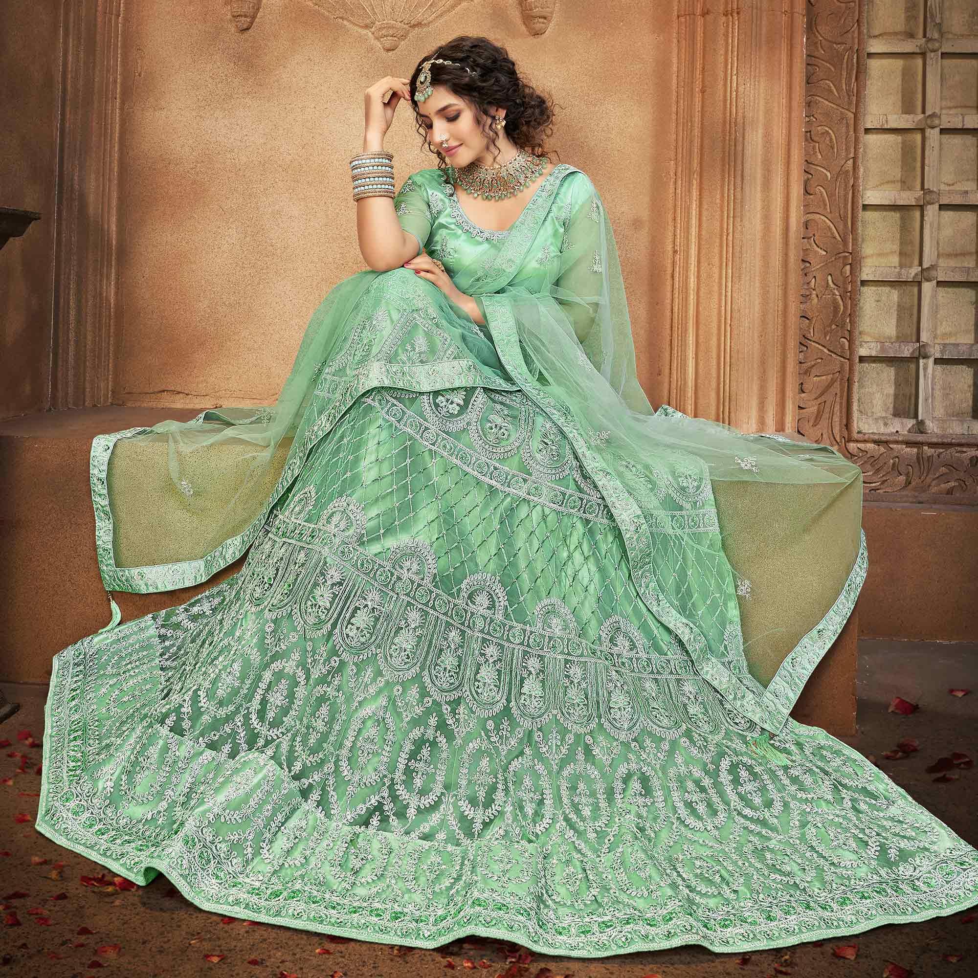 Light Green Partywear Multi Sequence Embroidered Net Lehenga Choli - Peachmode