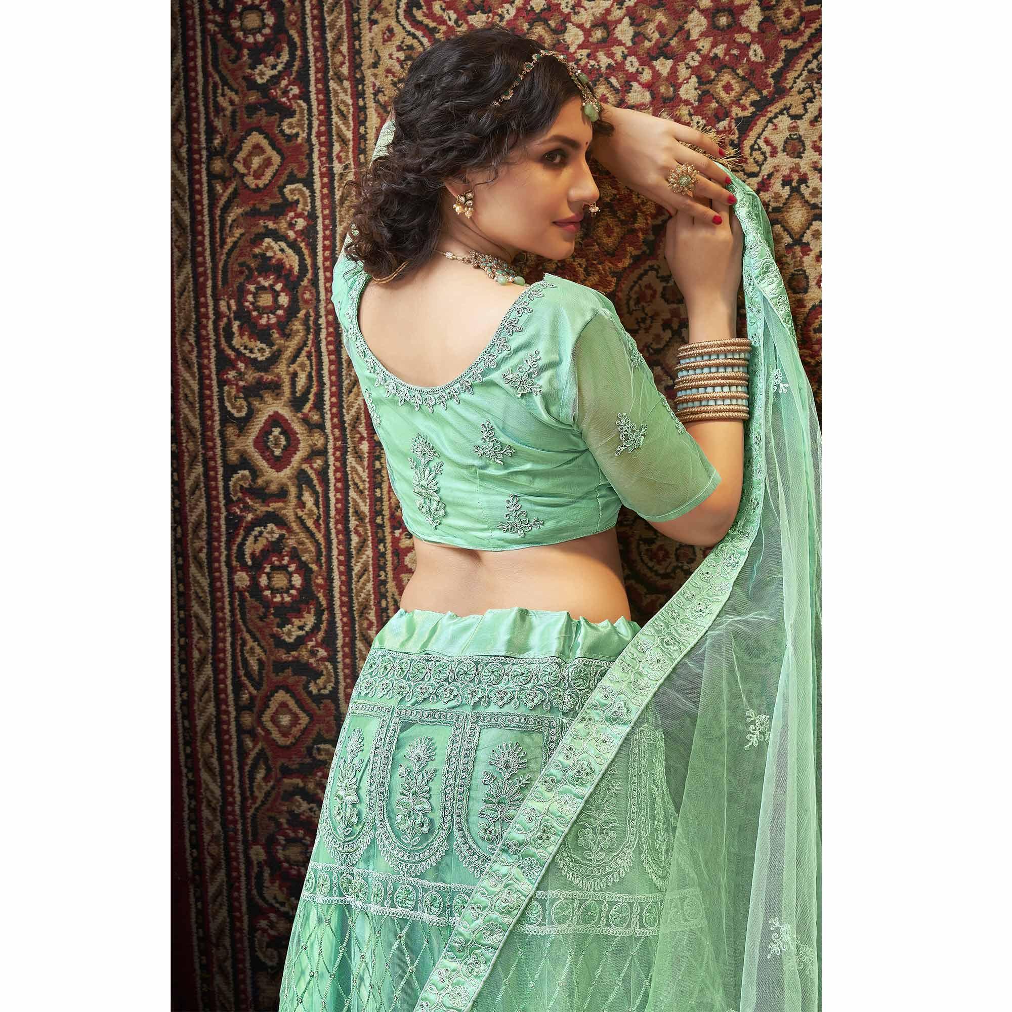 Light Green Partywear Multi Sequence Embroidered Net Lehenga Choli - Peachmode