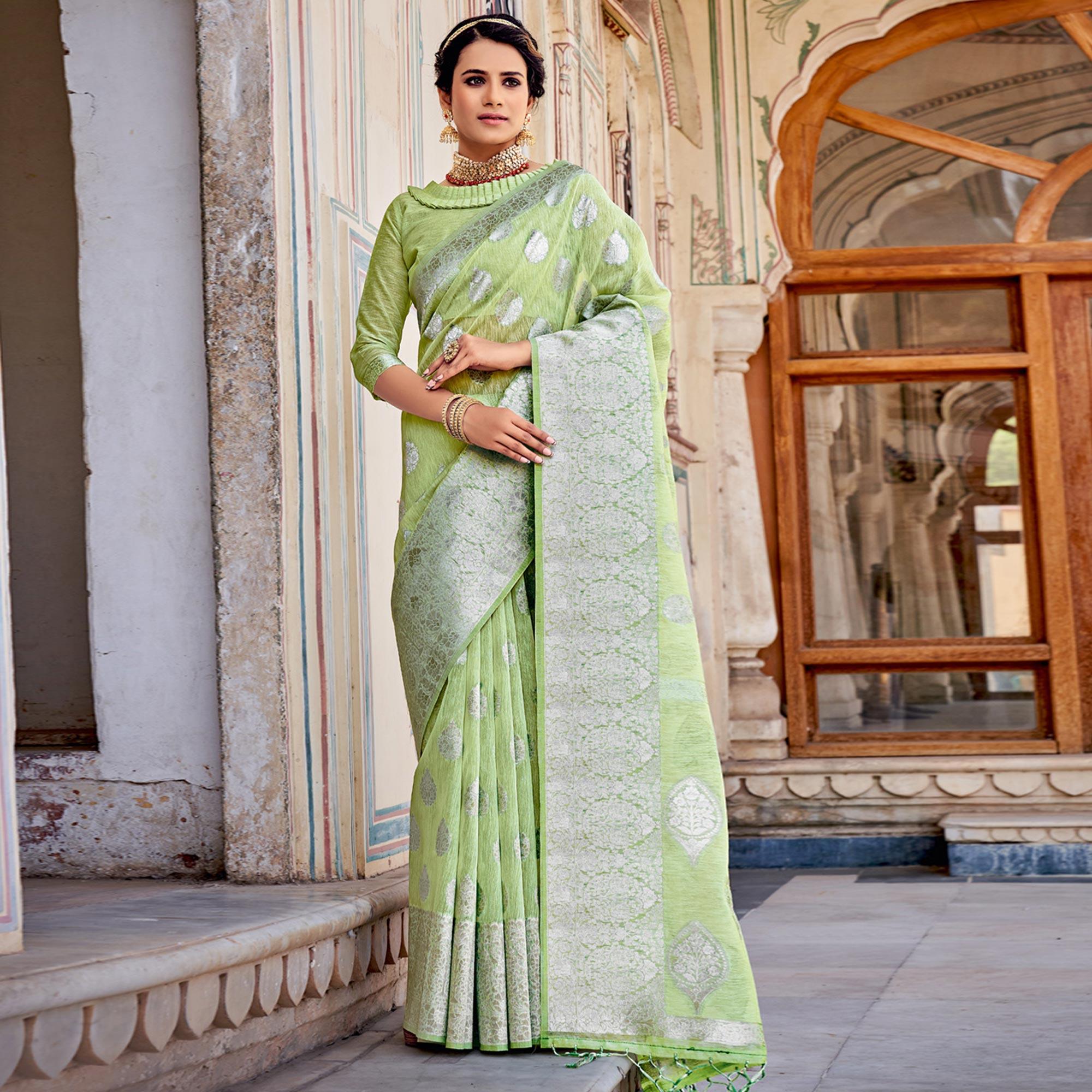 Light Green Partywear Silver Zari Work Linen Saree - Peachmode