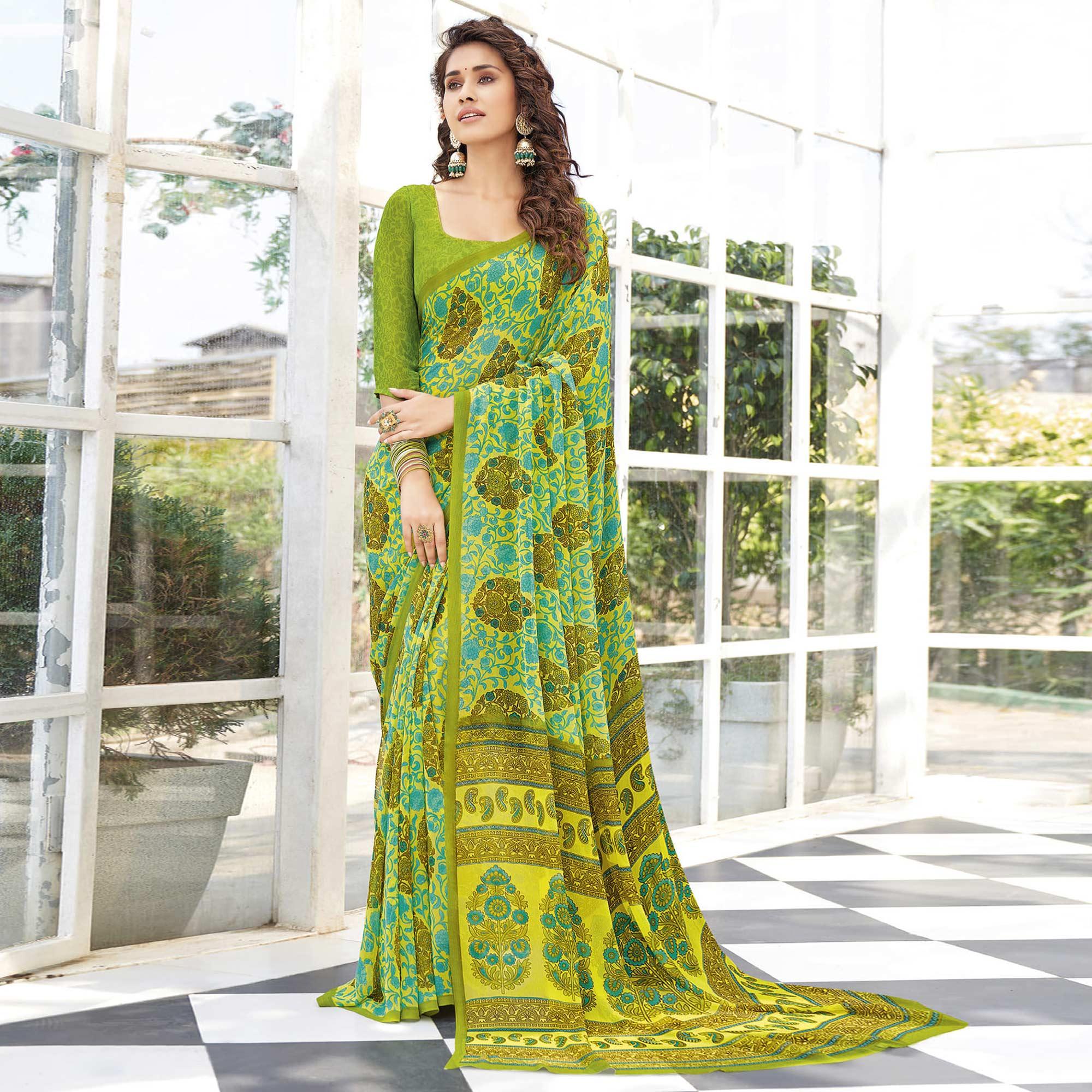 Light Green Printed Georgette Saree - Peachmode