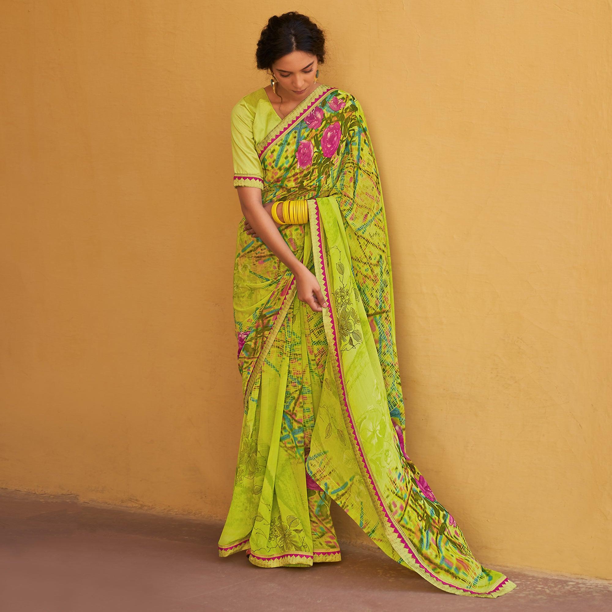 Light Green Printed Georgette Saree - Peachmode