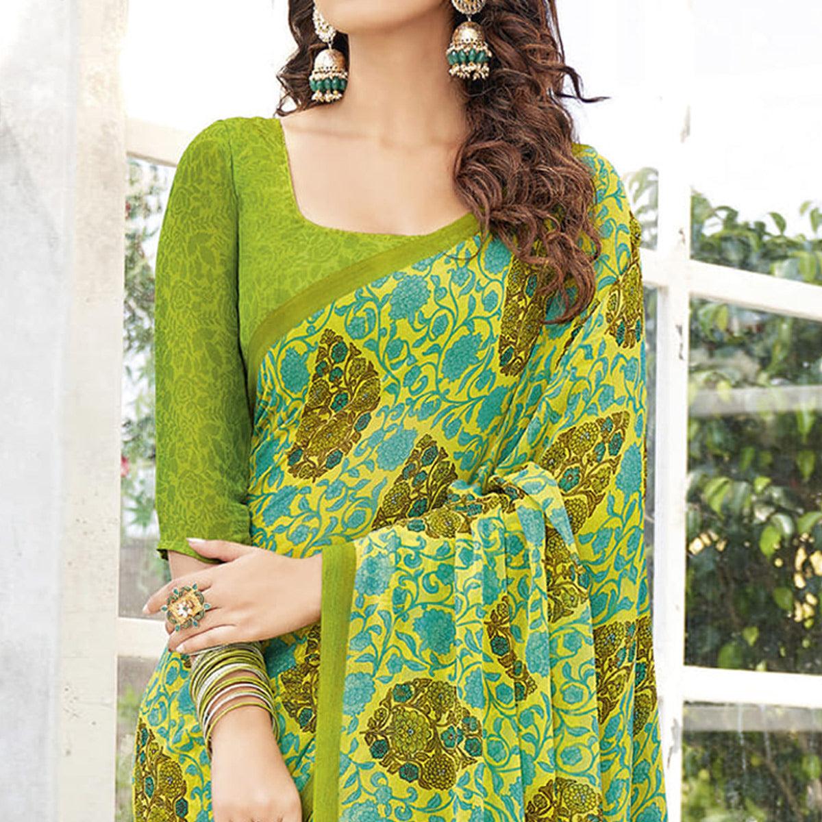 Light Green Printed Georgette Saree - Peachmode