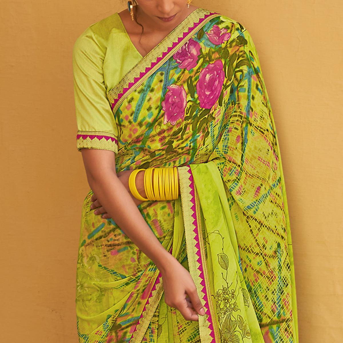 Light Green Printed Georgette Saree - Peachmode