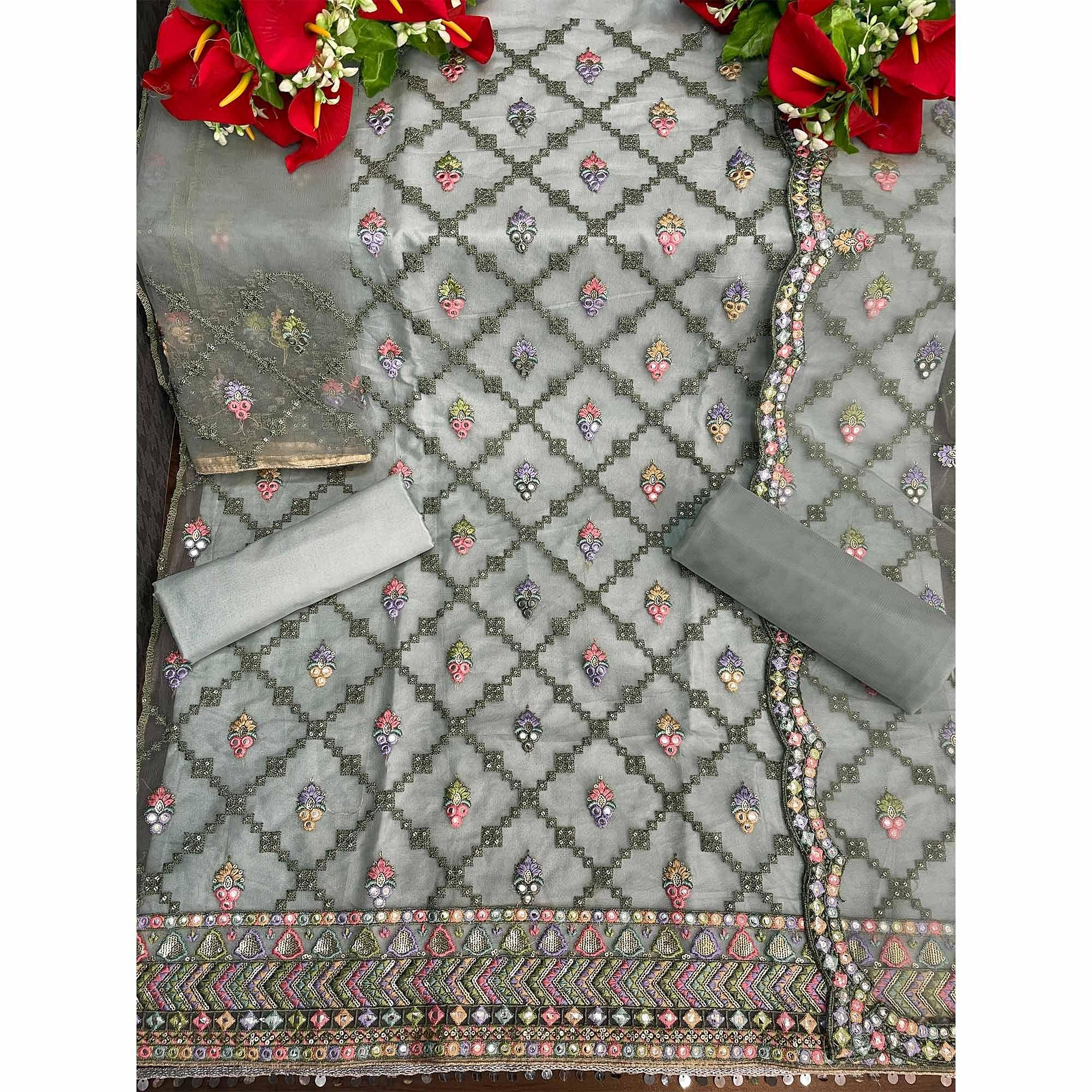 Light Green Sequence Embroidered Netted Sharara Suit - Peachmode