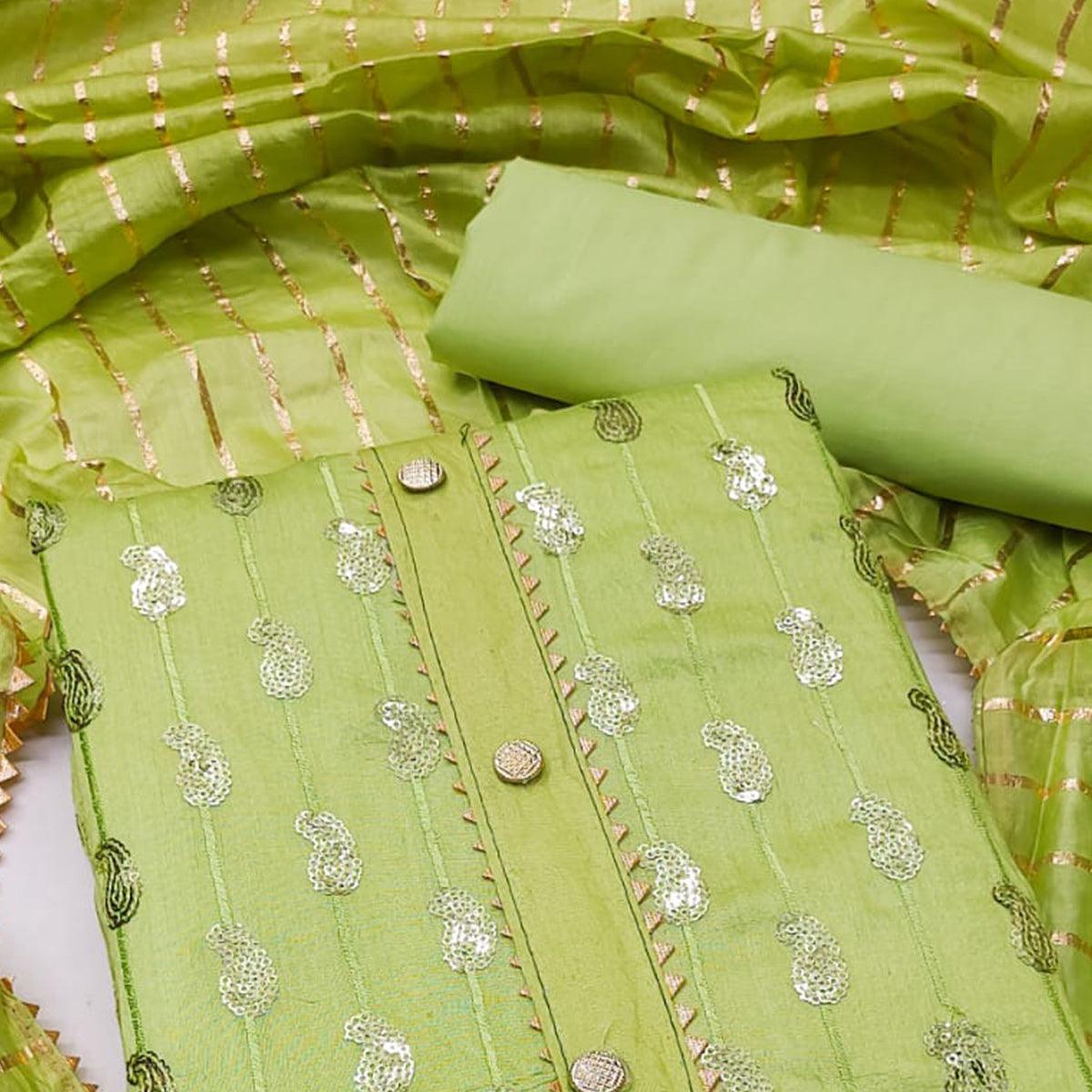 Light Green Sequence Embroidered Pure Cotton Dress Material - Peachmode