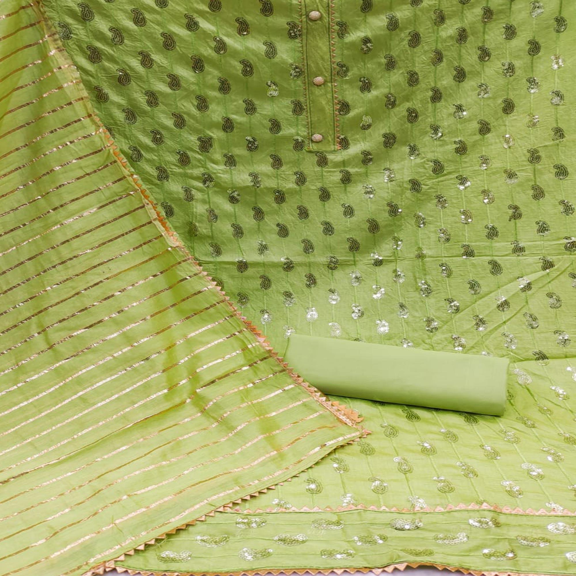 Light Green Sequence Embroidered Pure Cotton Dress Material - Peachmode