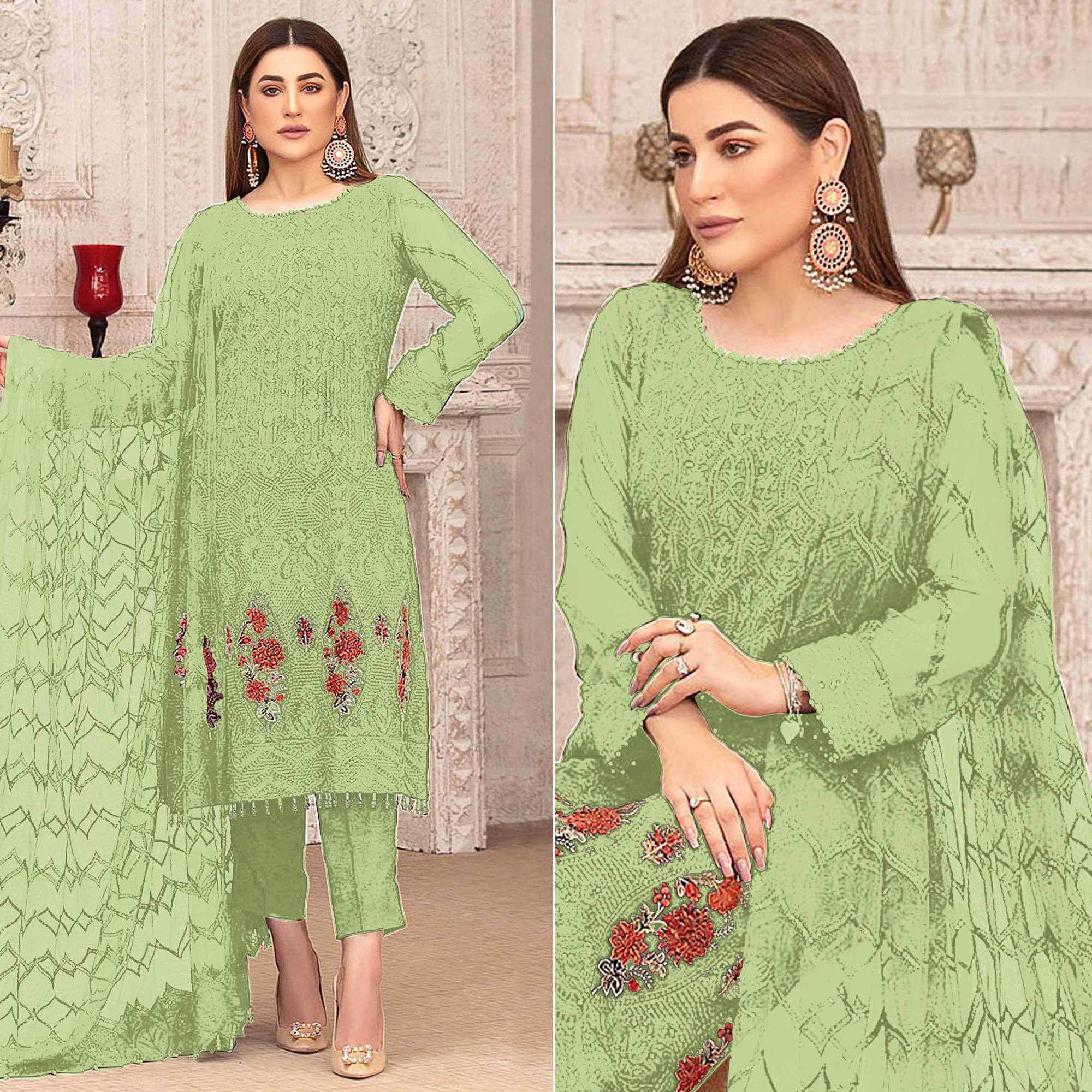 Light Green Sequence With Floral Embroidered Georgette Pakistani Suit - Peachmode