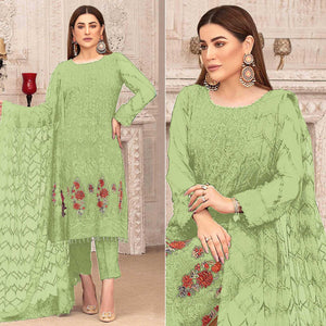 Light Green Sequence With Floral Embroidered Georgette Pakistani Suit - Peachmode