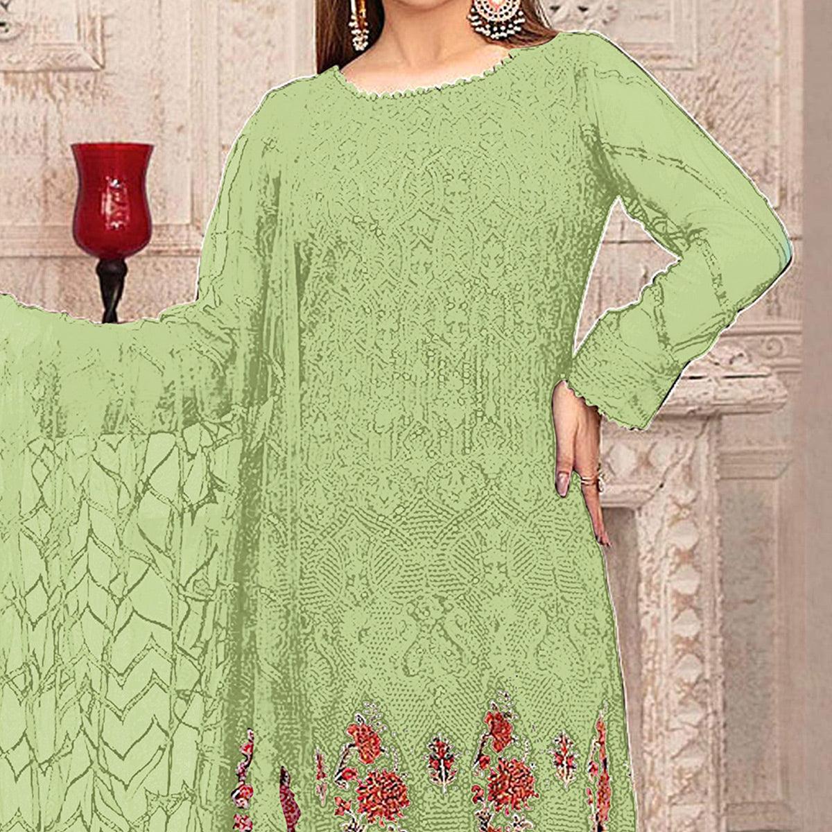 Light Green Sequence With Floral Embroidered Georgette Pakistani Suit - Peachmode