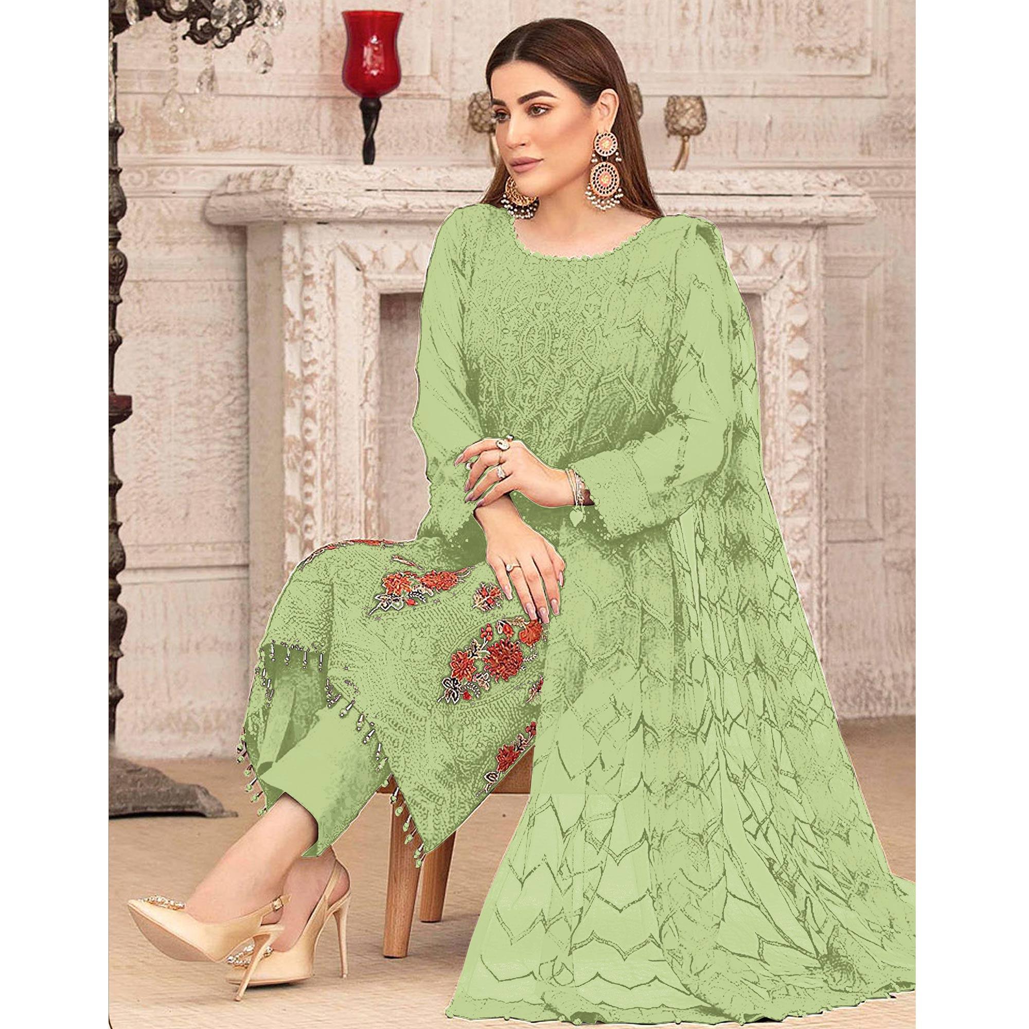 Light Green Sequence With Floral Embroidered Georgette Pakistani Suit - Peachmode