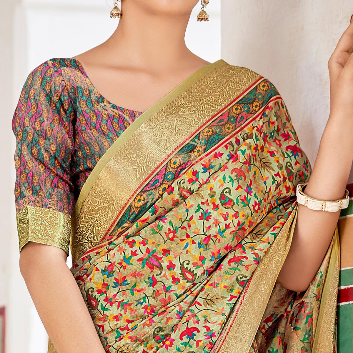 Light Green Woven Art Silk Saree With Tassels - Peachmode