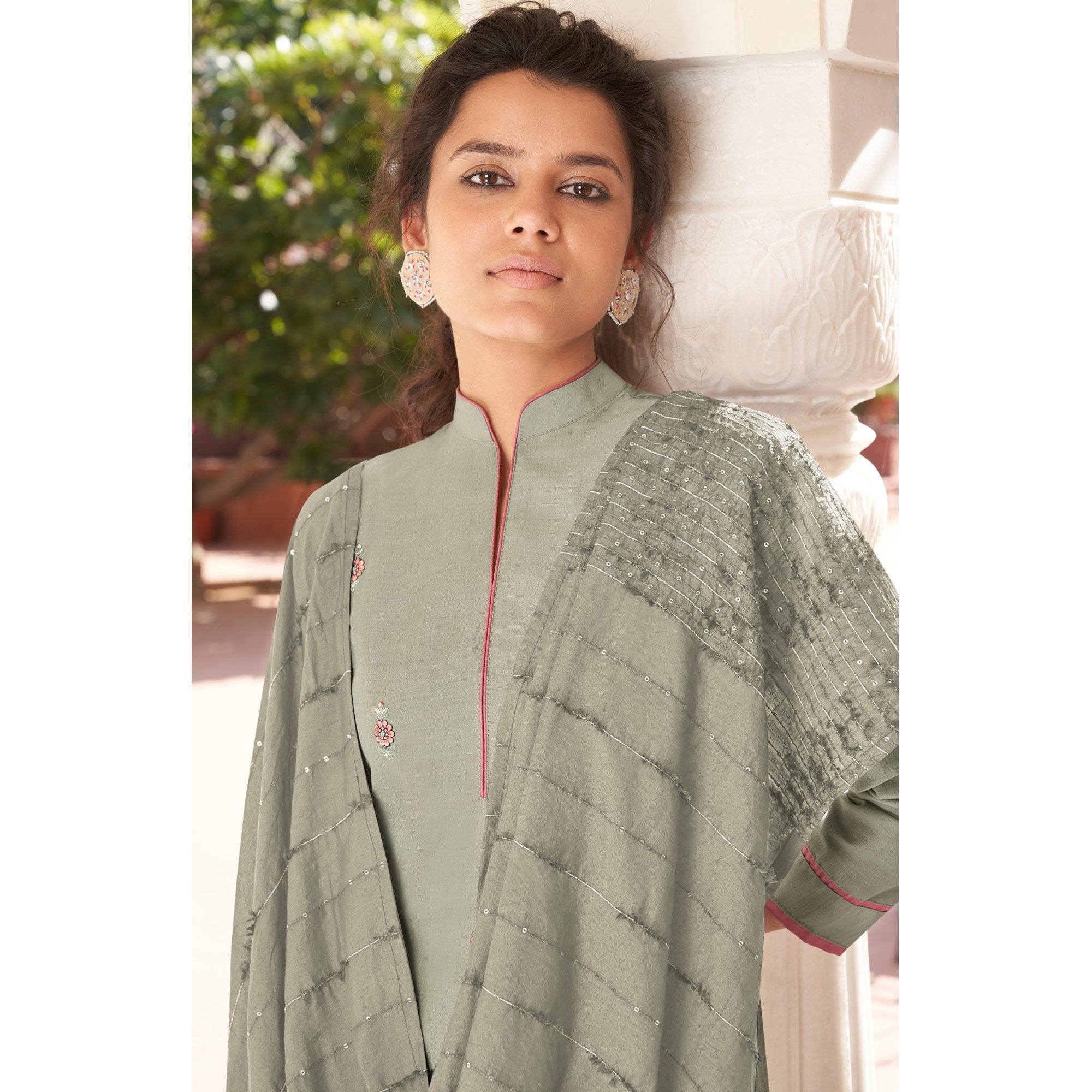 Light Grey Casual Wear Embroidered Pure Modal Viscose Palazzo Suit - Peachmode