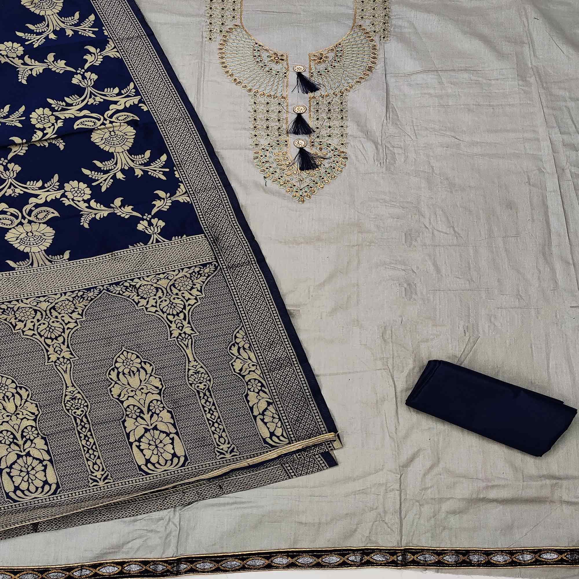 Light Grey Casual Wear Floral Embroidery Cotton Dress Material - Peachmode