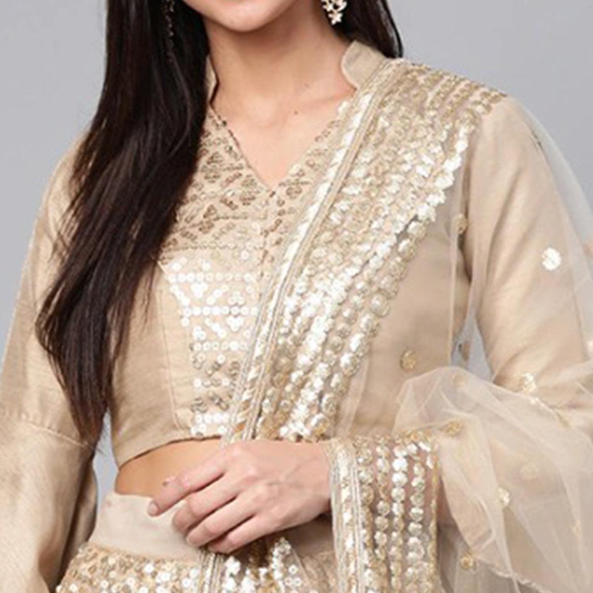 Light Grey Designer Wedding Wear Thread Zari Work Soft Net Lehenga Choli - Peachmode