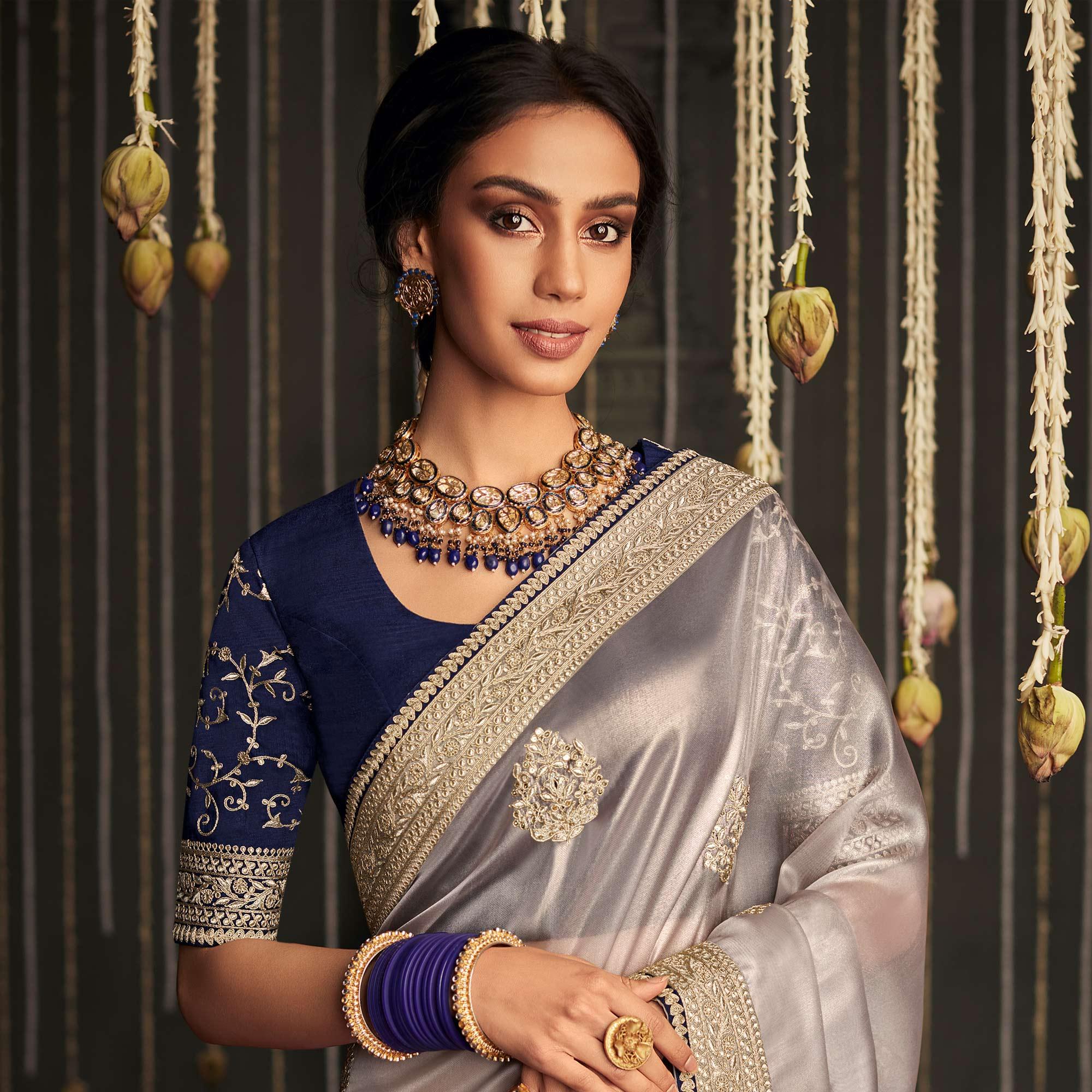 Light Grey Embroidered Art Silk Saree With Tassels - Peachmode