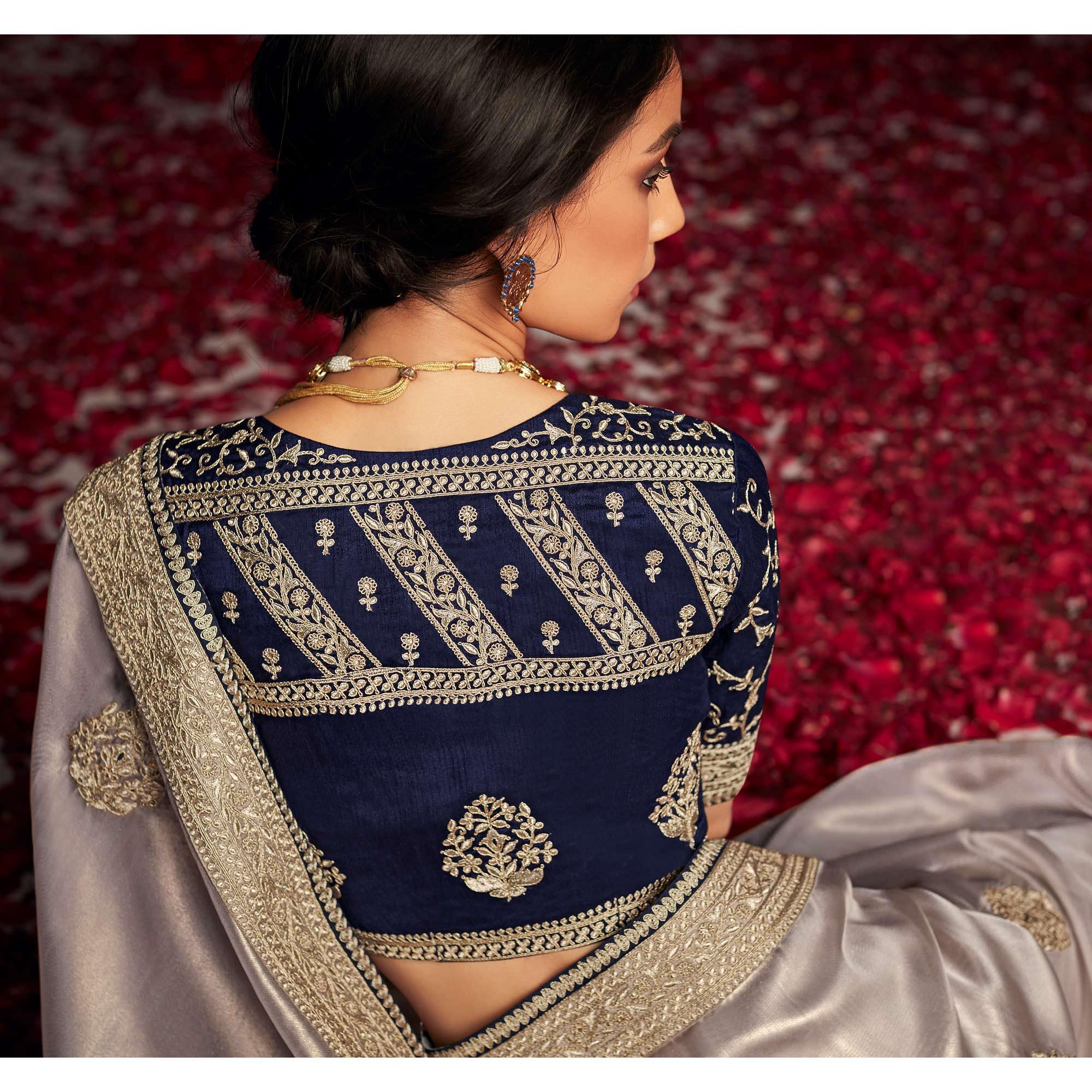 Light Grey Embroidered Art Silk Saree With Tassels - Peachmode