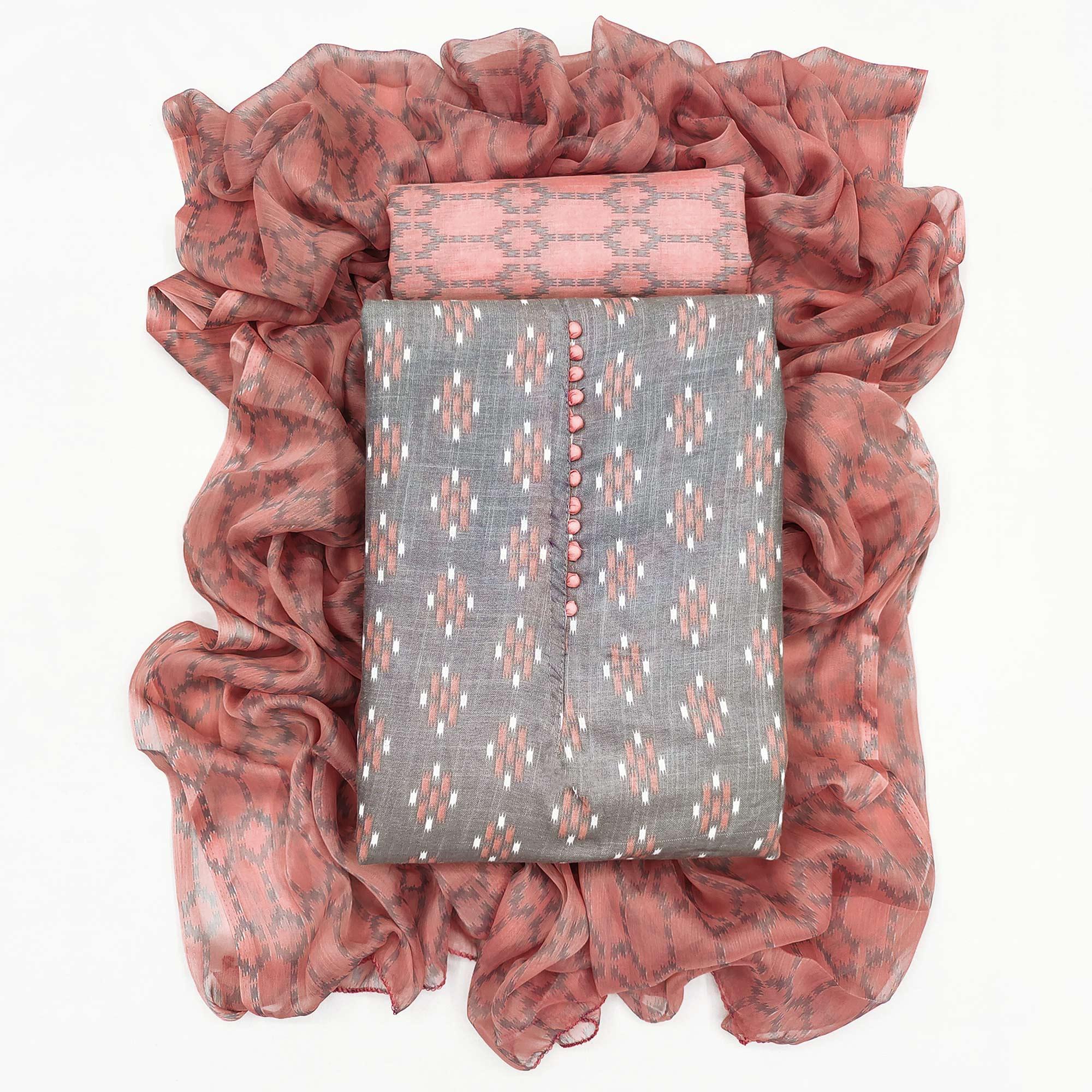 Light Grey Ikkat Printed Poly Cotton Dress Material - Peachmode
