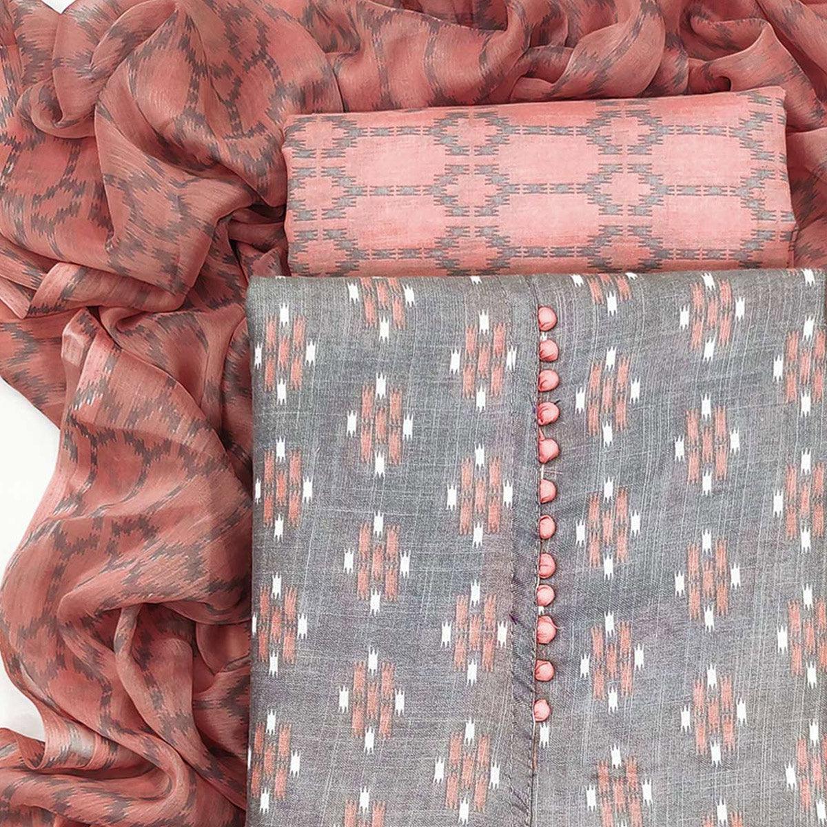 Light Grey Ikkat Printed Poly Cotton Dress Material - Peachmode