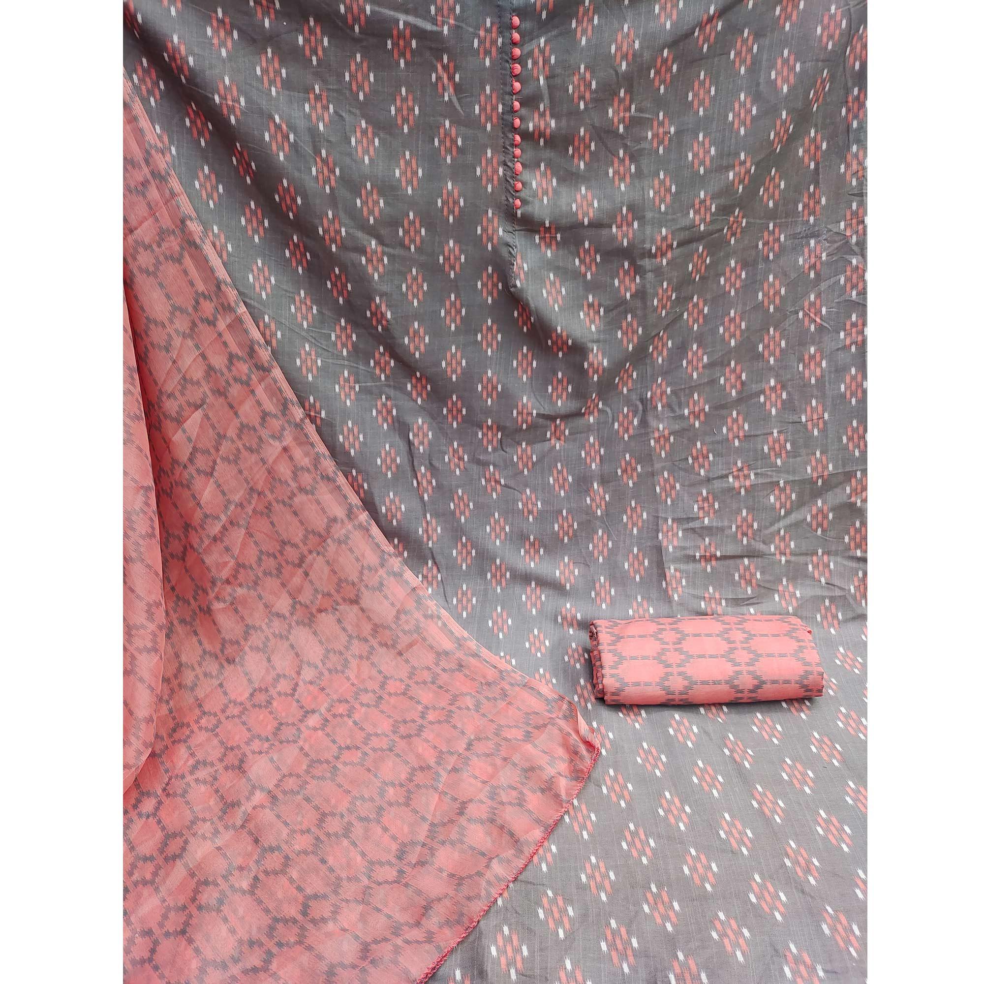 Light Grey Ikkat Printed Poly Cotton Dress Material - Peachmode