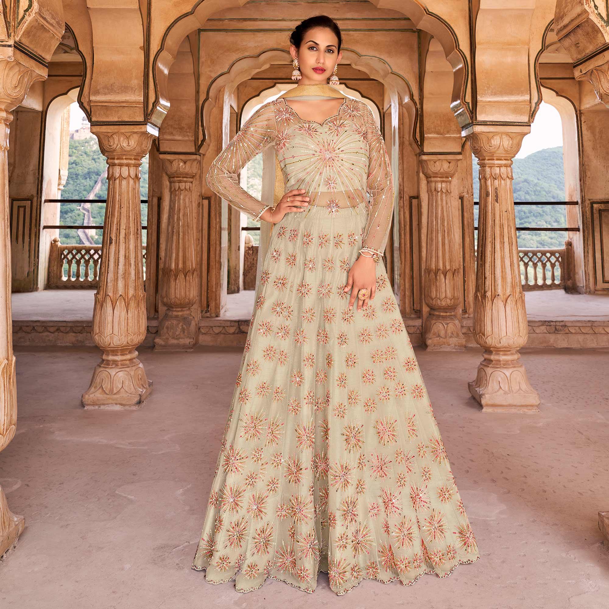 Light Grey Partywear Embroidered & Swarovski Work Soft Net Gown - Peachmode