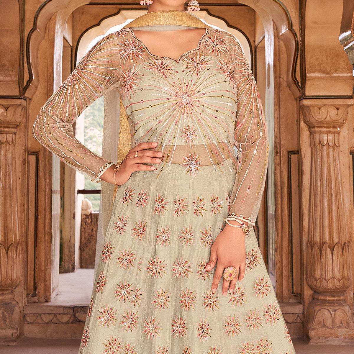 Light Grey Partywear Embroidered & Swarovski Work Soft Net Gown - Peachmode