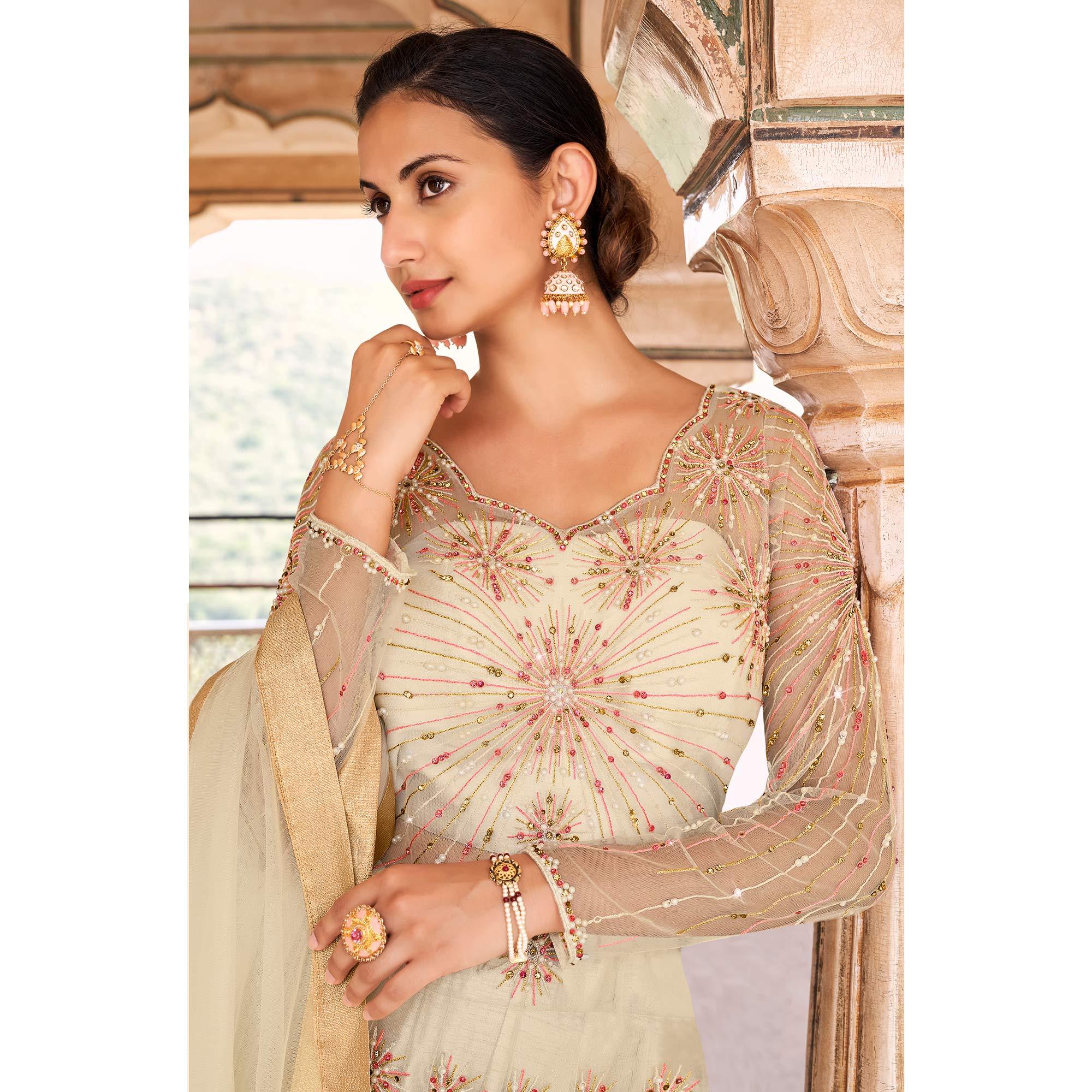 Light Grey Partywear Embroidered & Swarovski Work Soft Net Gown - Peachmode
