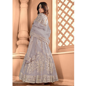 Light Grey Partywear Floral Embroidered Net Anarkali Suit - Peachmode