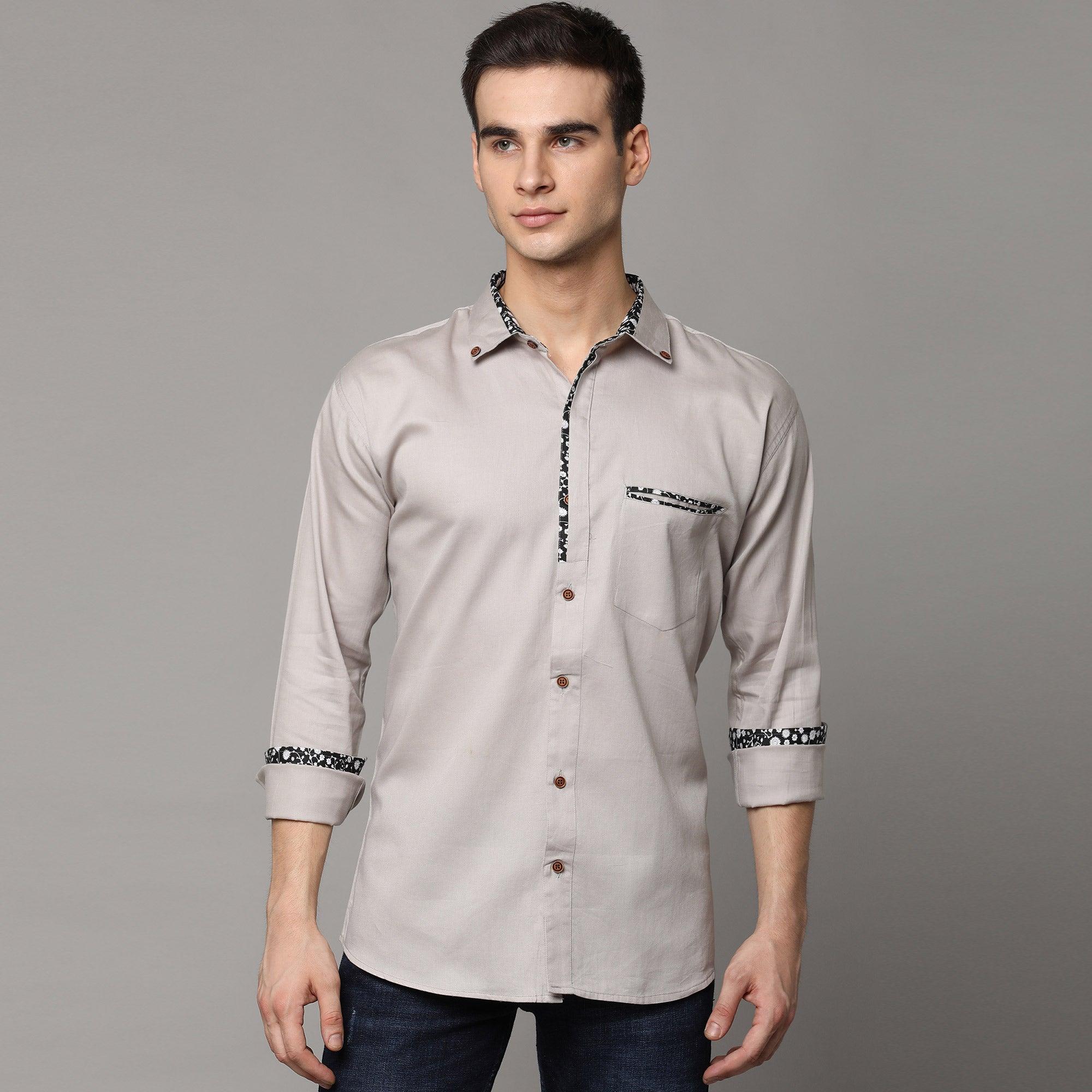 Light Grey Solid Pure Cotton Men's Shirt - Peachmode