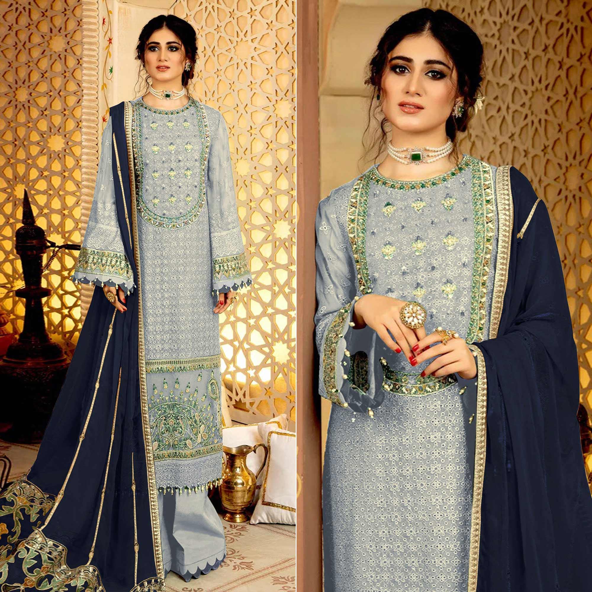 Light Lavender Embellished With Embroidered Georgette Pakistani Suit - Peachmode