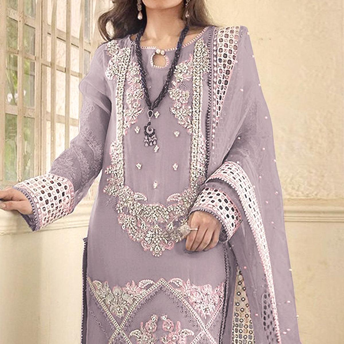 Light Lavender Embellished With Embroidered Georgette Pakistani Suit - Peachmode