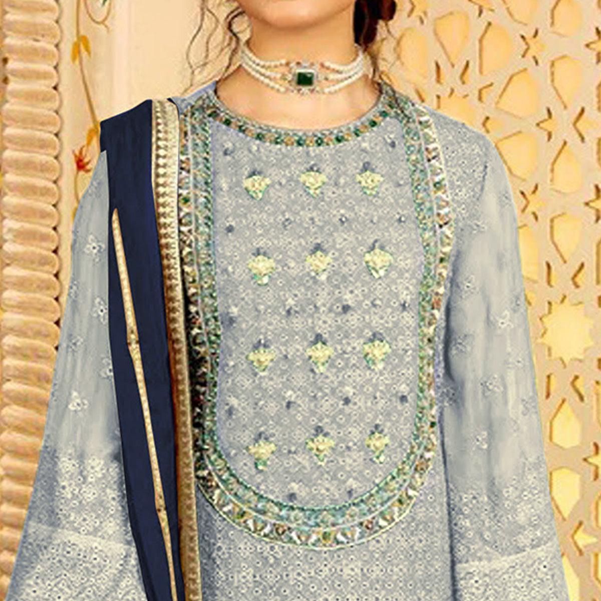 Light Lavender Embellished With Embroidered Georgette Pakistani Suit - Peachmode
