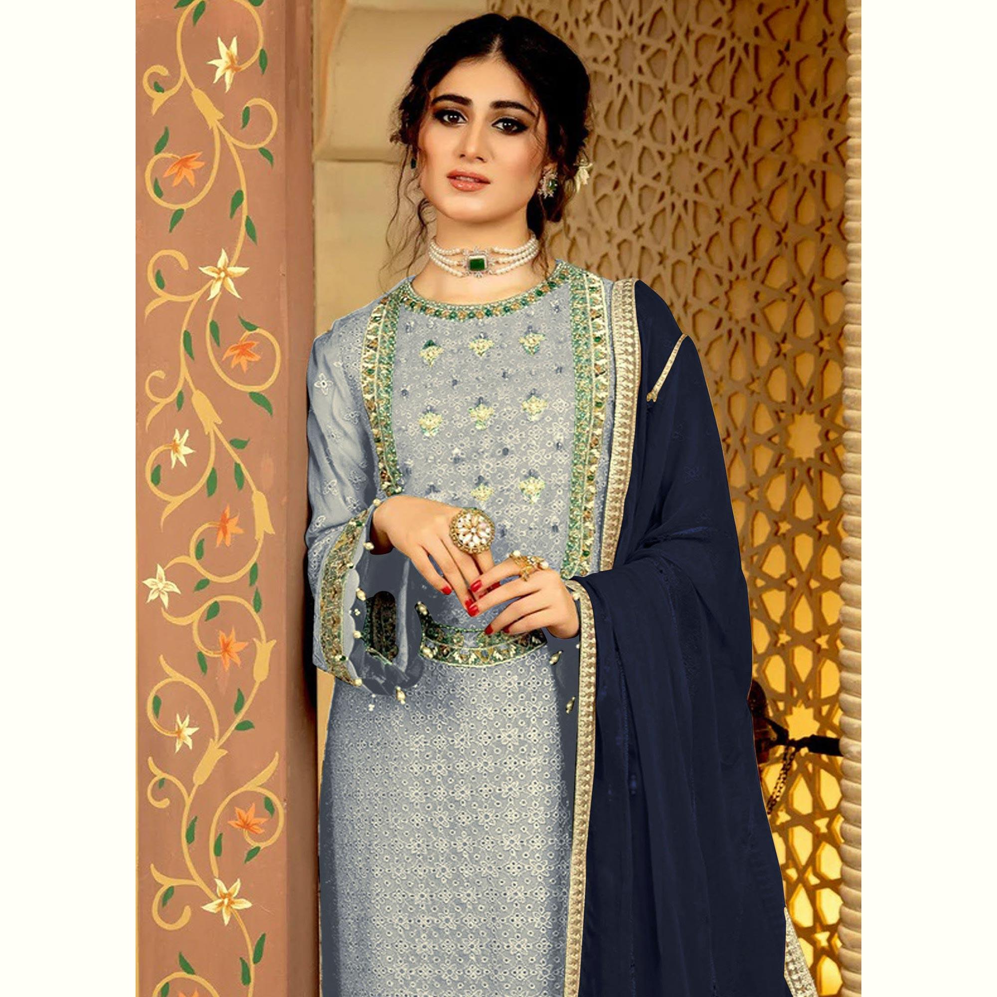 Light Lavender Embellished With Embroidered Georgette Pakistani Suit - Peachmode