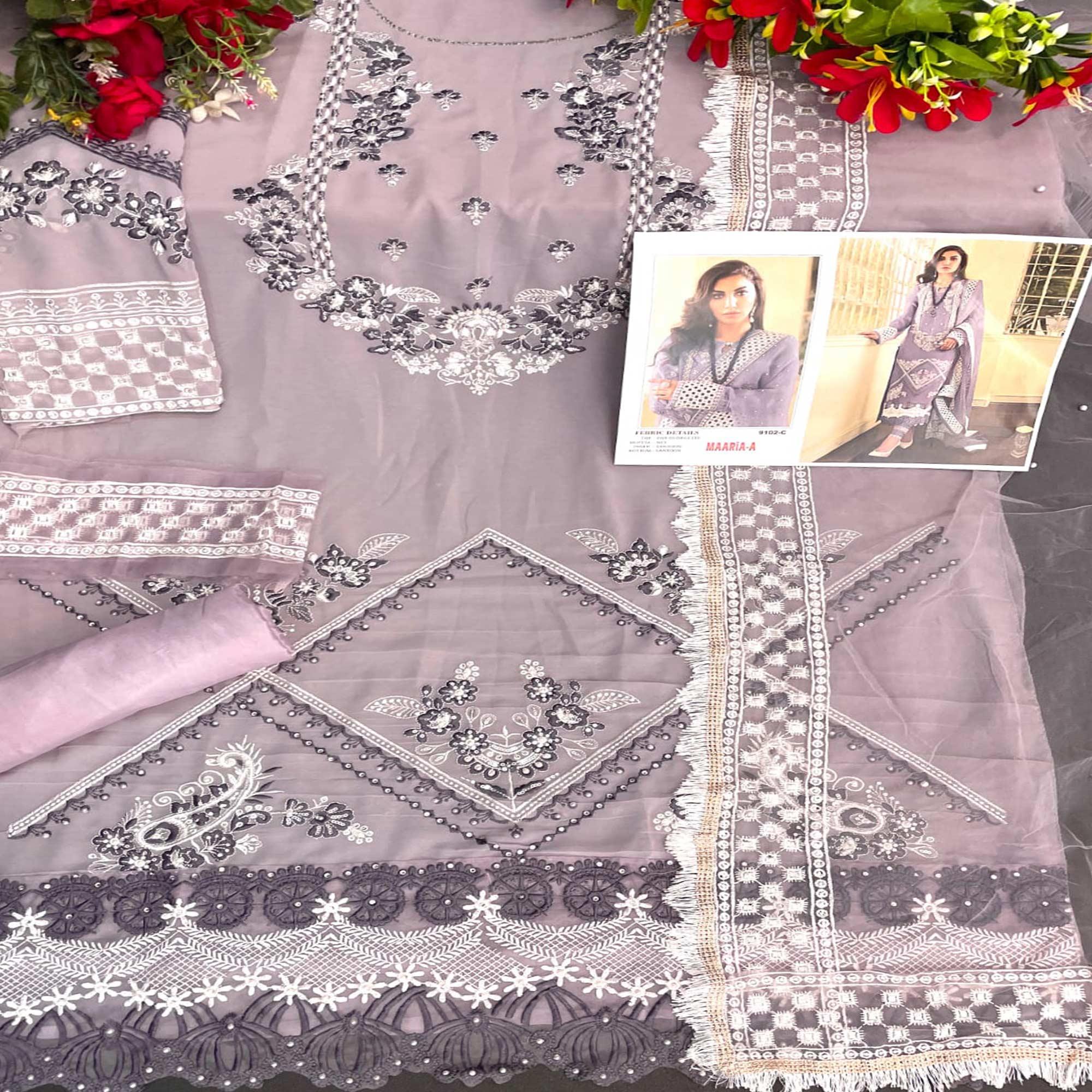Light Lavender Embellished With Embroidered Georgette Pakistani Suit - Peachmode