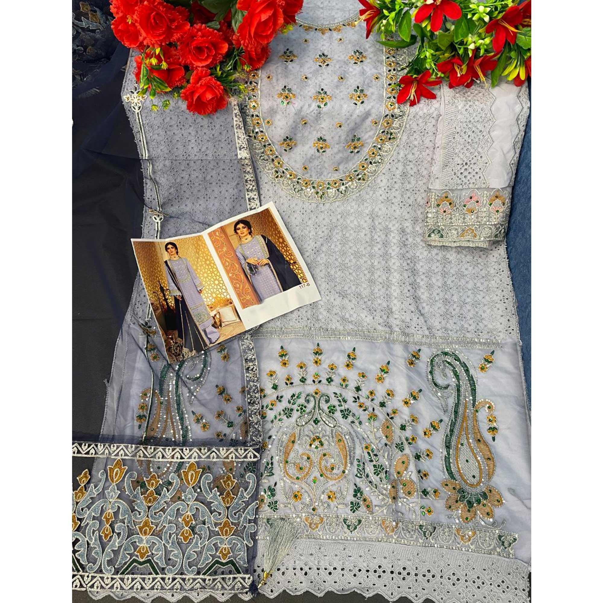 Light Lavender Embellished With Embroidered Georgette Pakistani Suit - Peachmode