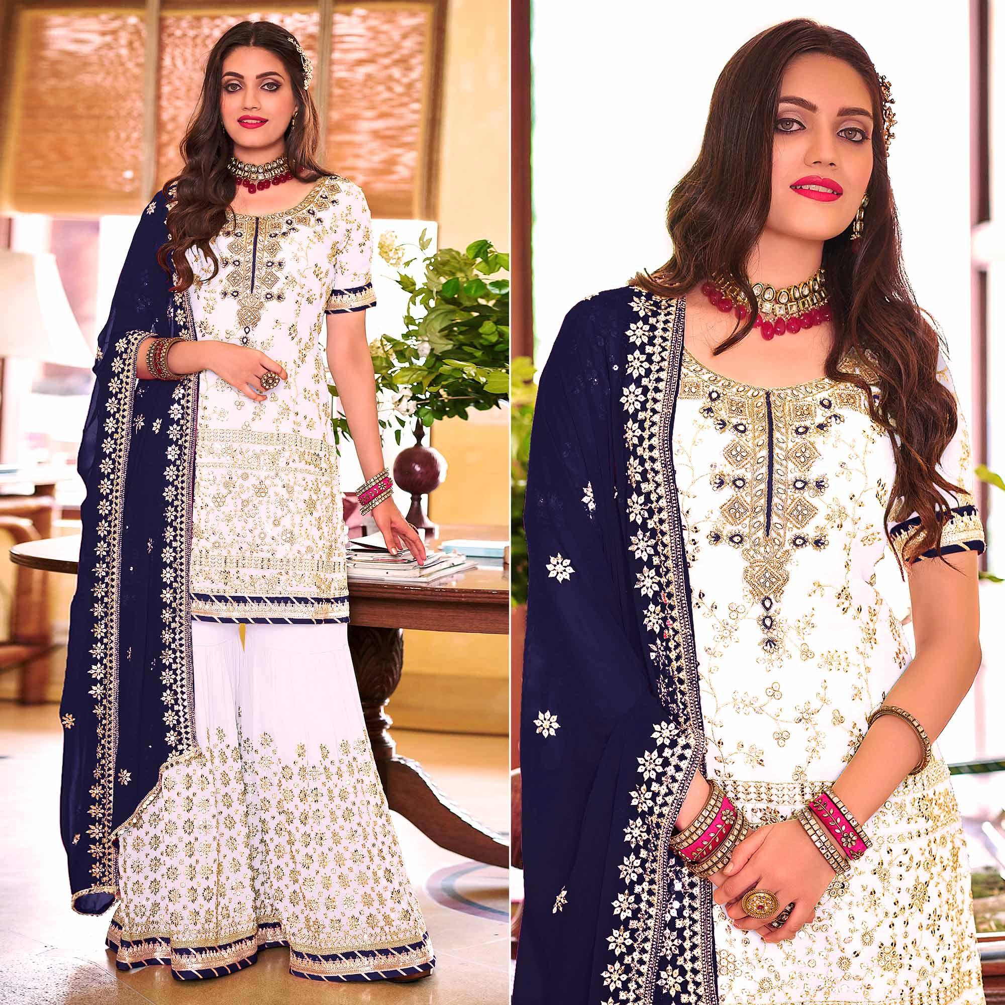 Light Lavender Embellished With Embroidered Georgette Sharara Suit - Peachmode