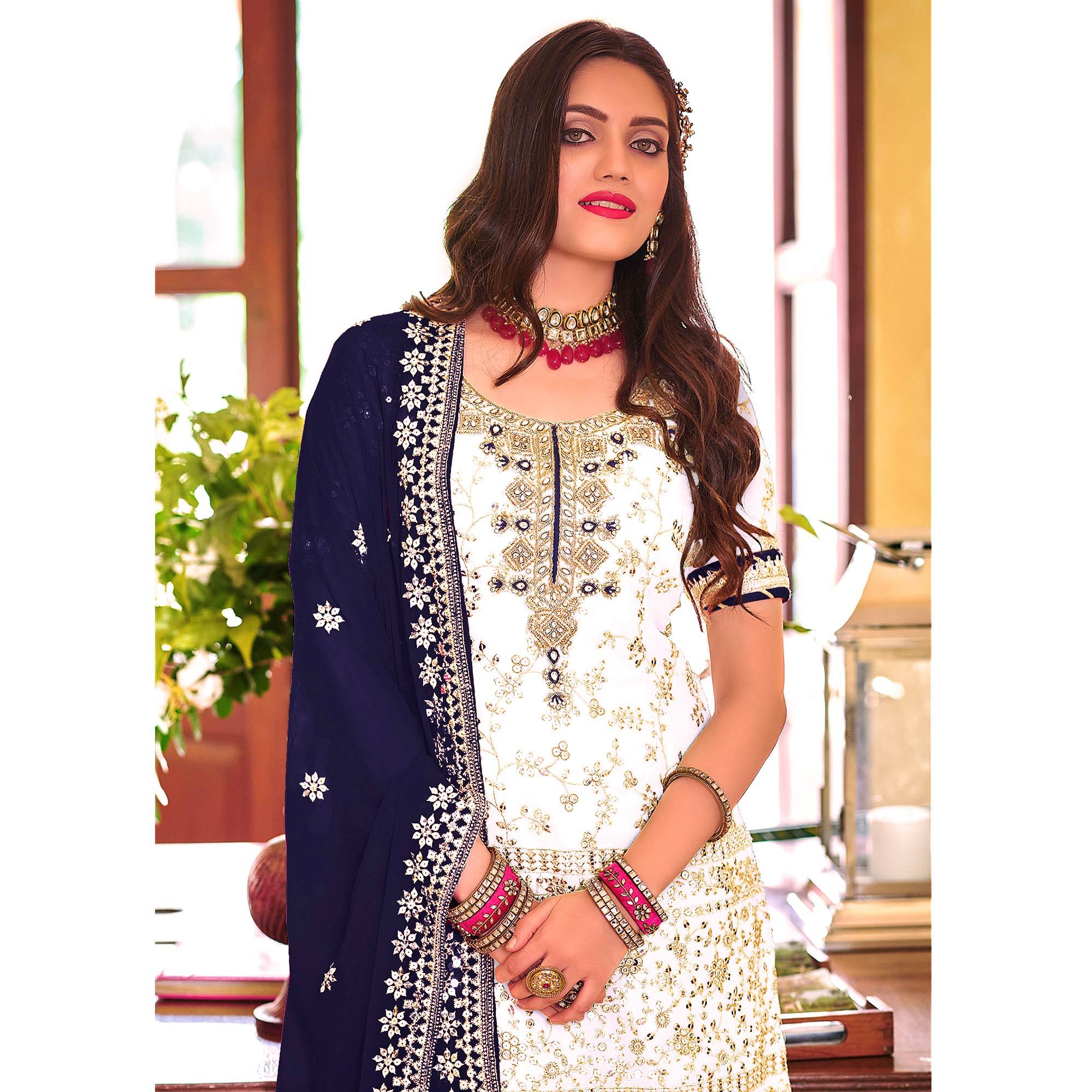 Light Lavender Embellished With Embroidered Georgette Sharara Suit - Peachmode