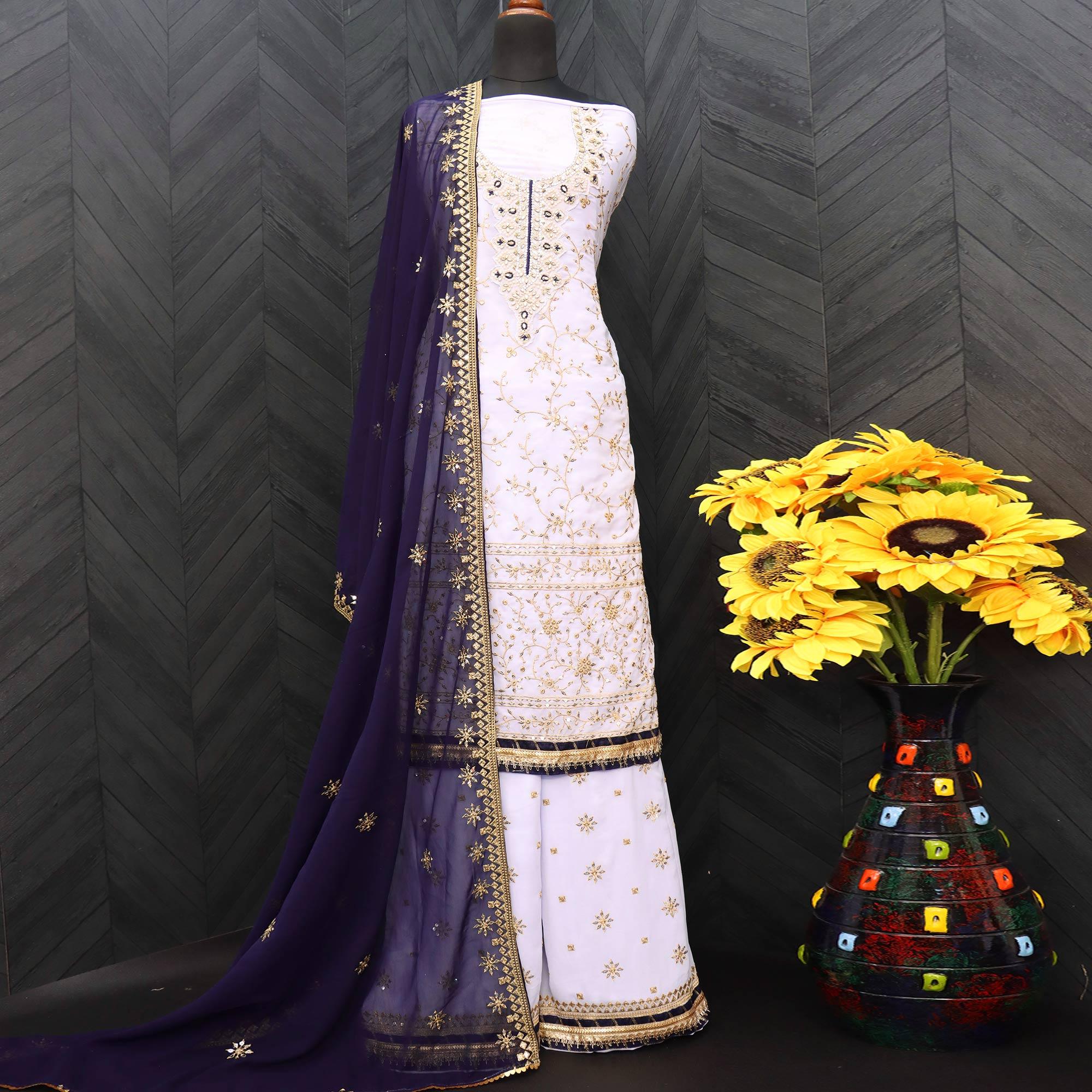 Light Lavender Embellished With Embroidered Georgette Sharara Suit - Peachmode