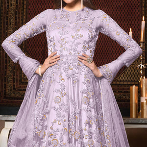 Light Lavender Embellished With Embroidered Net Anarkali Suit - Peachmode