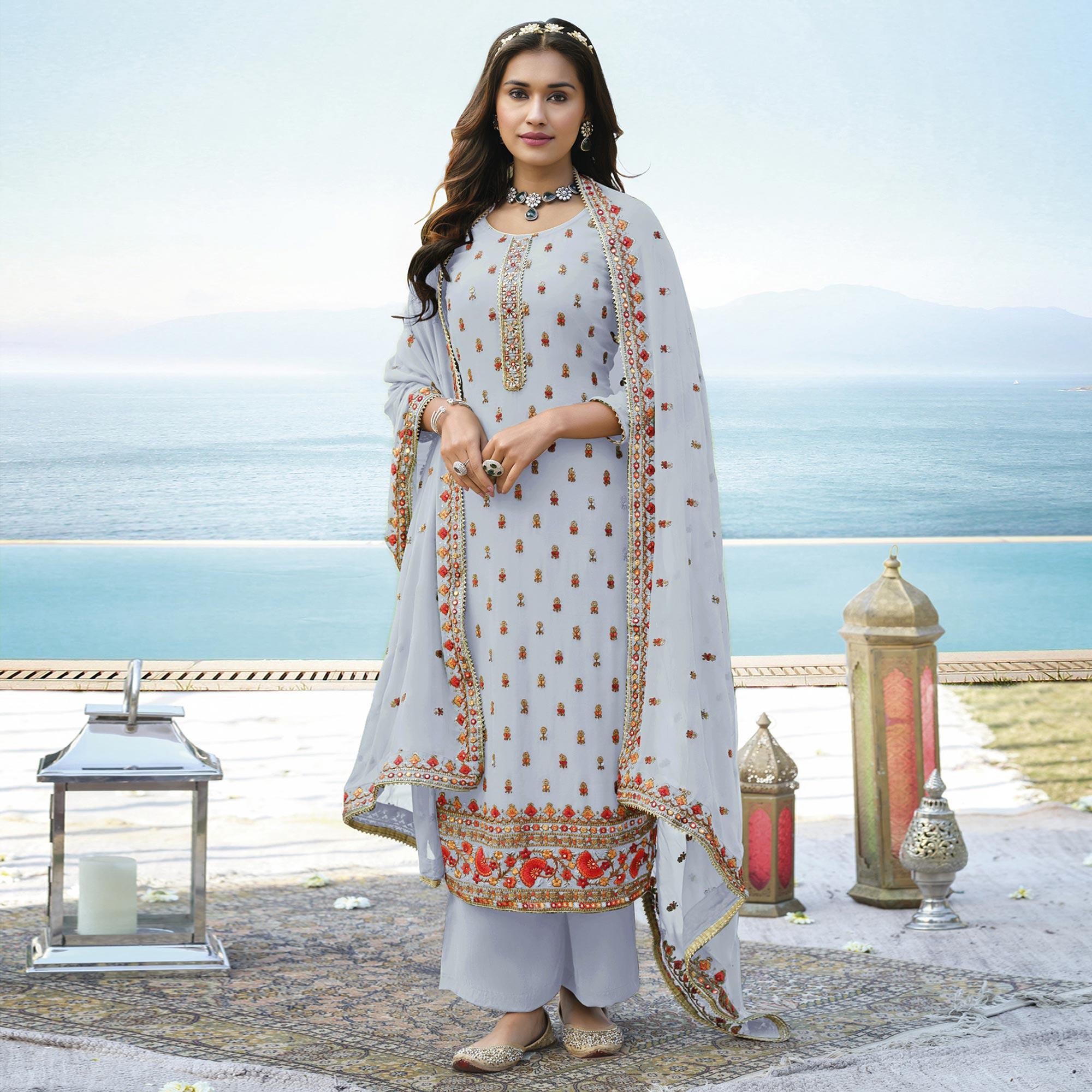 Light Lavender Embroidered Georgette Palazzo Suit - Peachmode