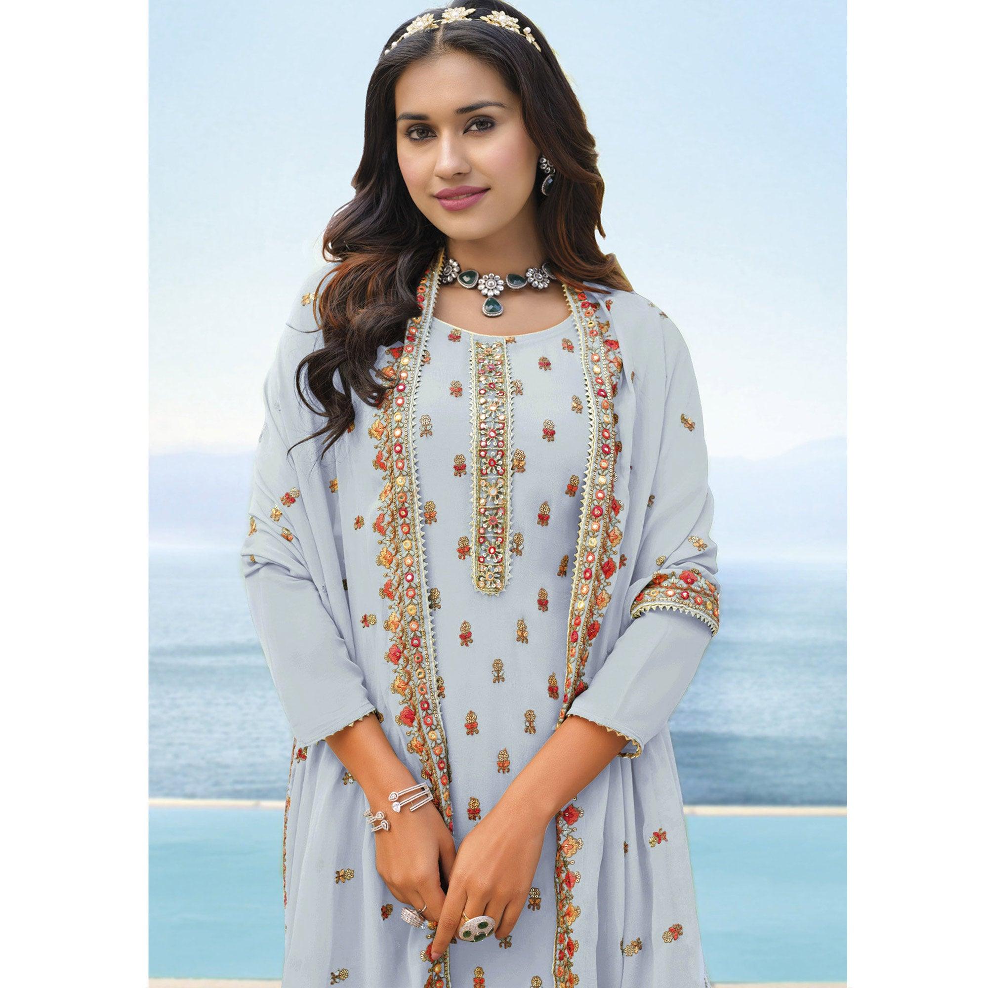 Light Lavender Embroidered Georgette Palazzo Suit - Peachmode