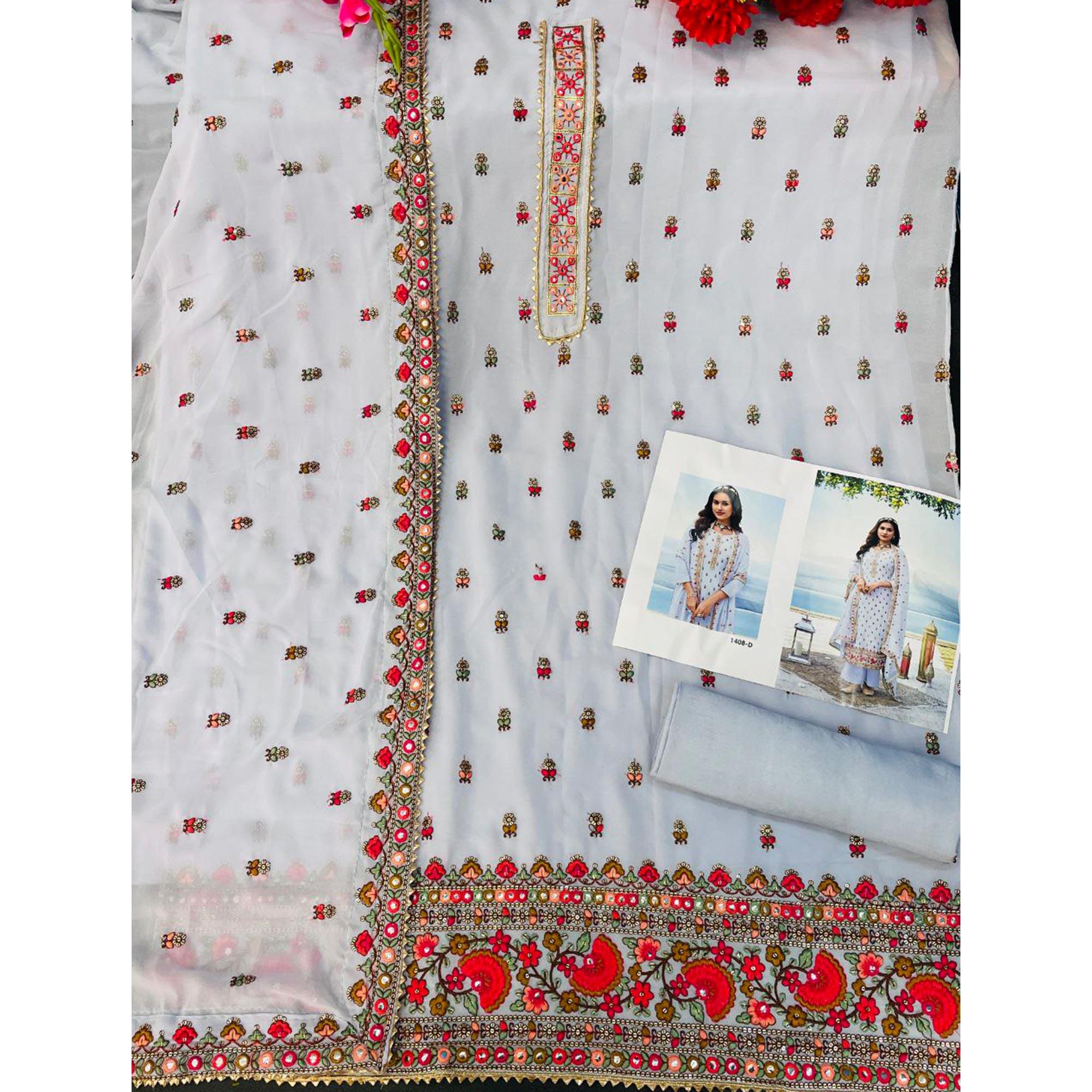 Light Lavender Embroidered Georgette Palazzo Suit - Peachmode