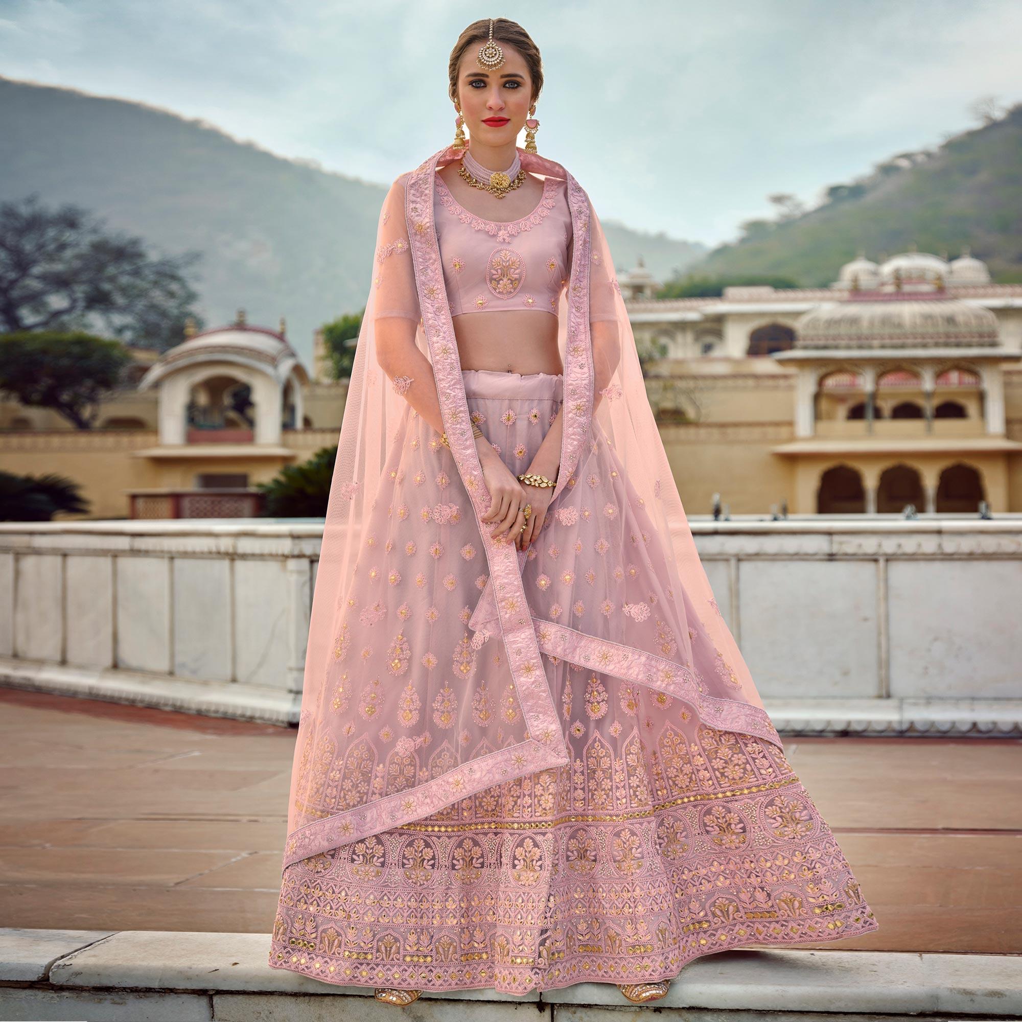 Light Lavender Partywear Embellished & Embroidered Net Lehenga Choli - Peachmode