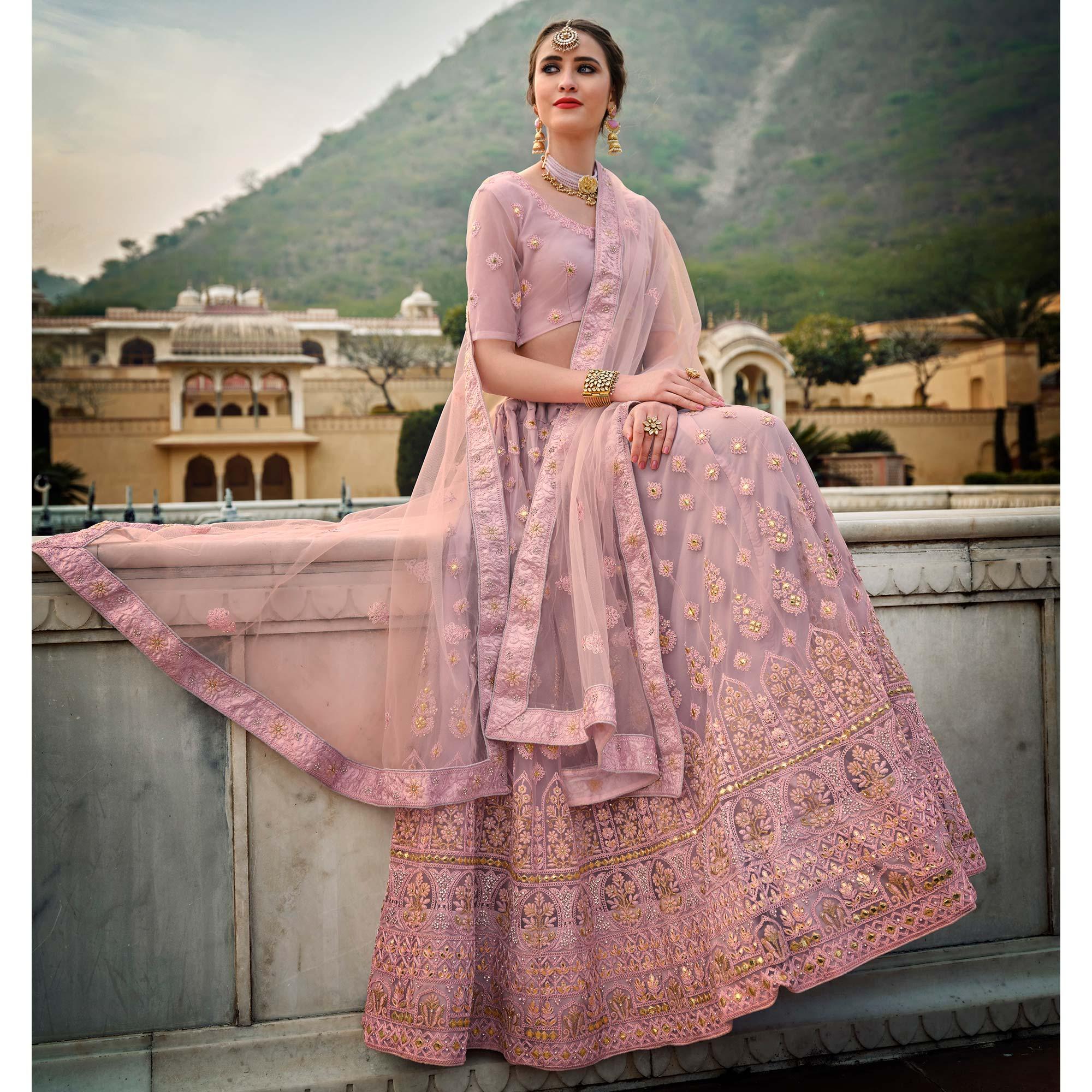 Light Lavender Partywear Embellished & Embroidered Net Lehenga Choli - Peachmode